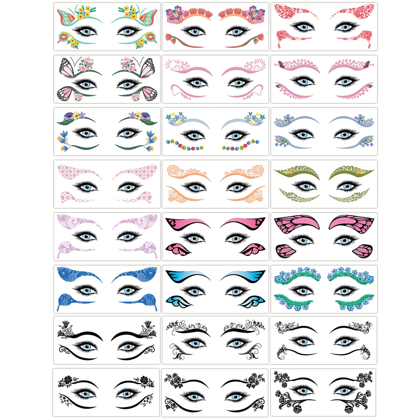 Konsait 24 Sheets Face Eye Tattoos Temporary Eyeshadow Stickers Black Lace Temporary Tattoos for Women Girls Eyeliner Stickers Tattoo Makeup for Halloween Christmas Birthday Masquerade Party