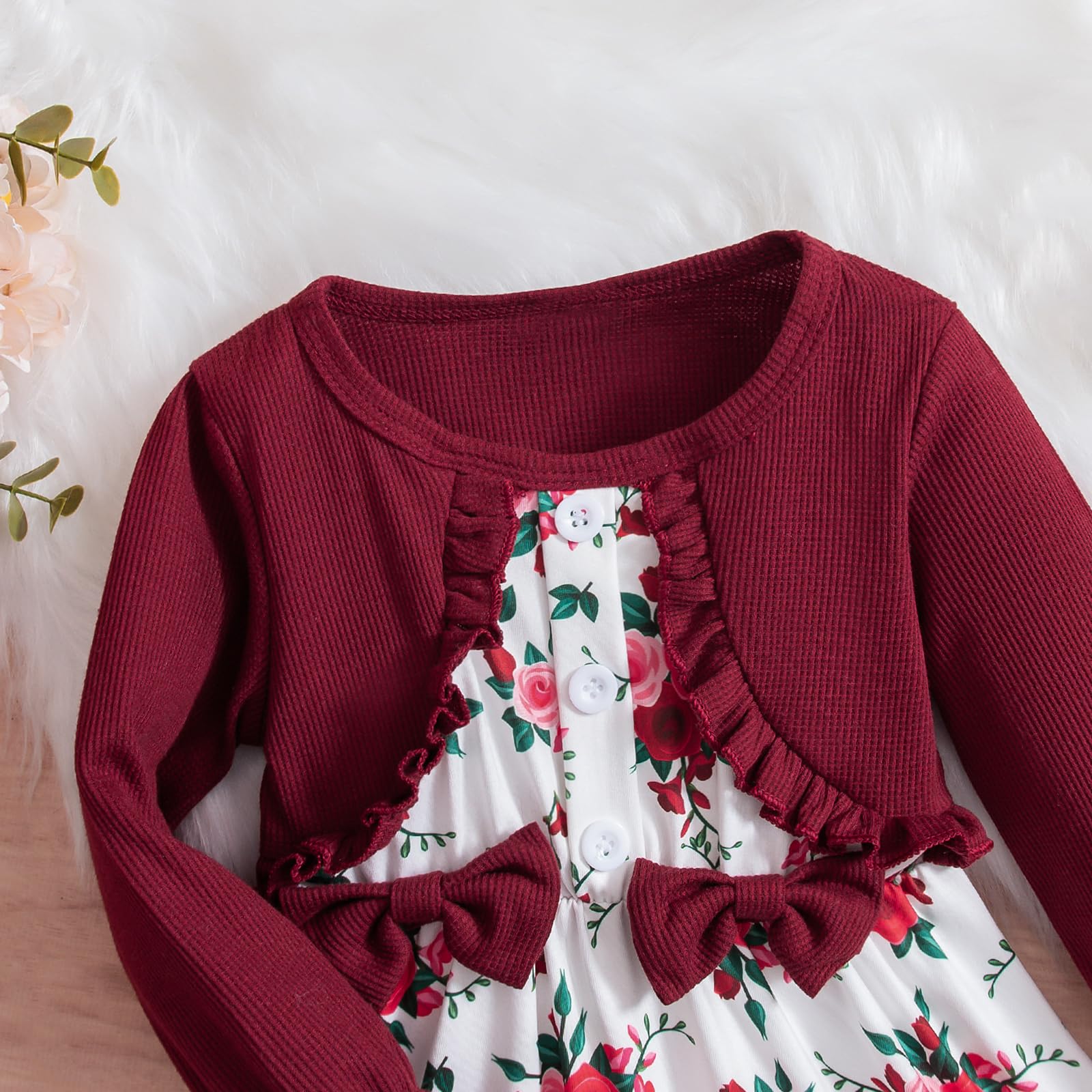 Robe pour bébé fille à volants motif floral Tutu Robes à manches longues Cardigan 2 pièces Tenue pour nouveau-né