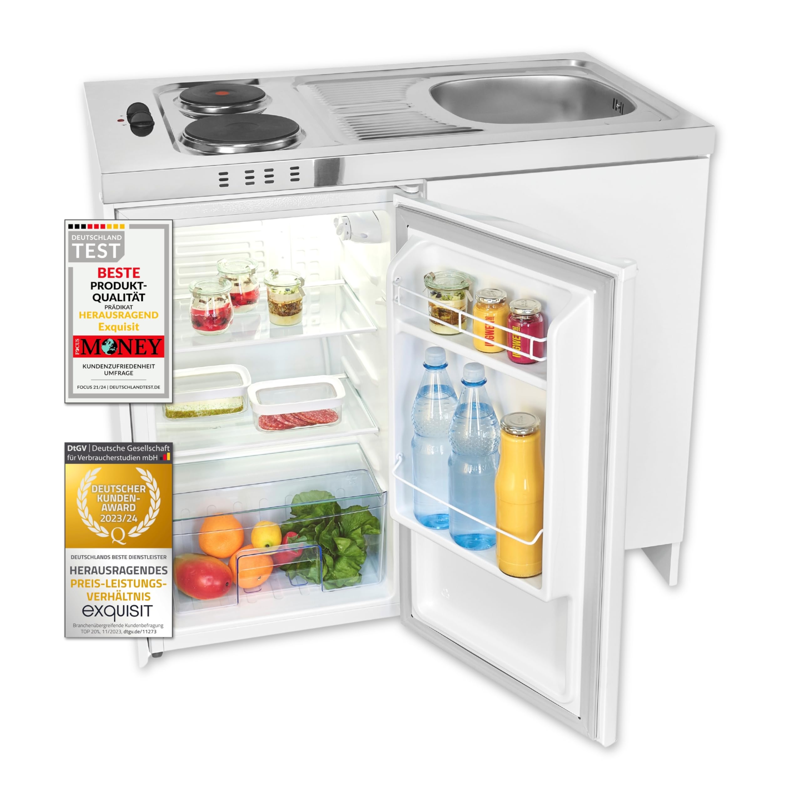 Exquisit Mini-Küche Pantry KK1085 weiss Kühlschrank 76 l Nutzinhalt Kochfeld Edelstahl-Spüle Spülschrank