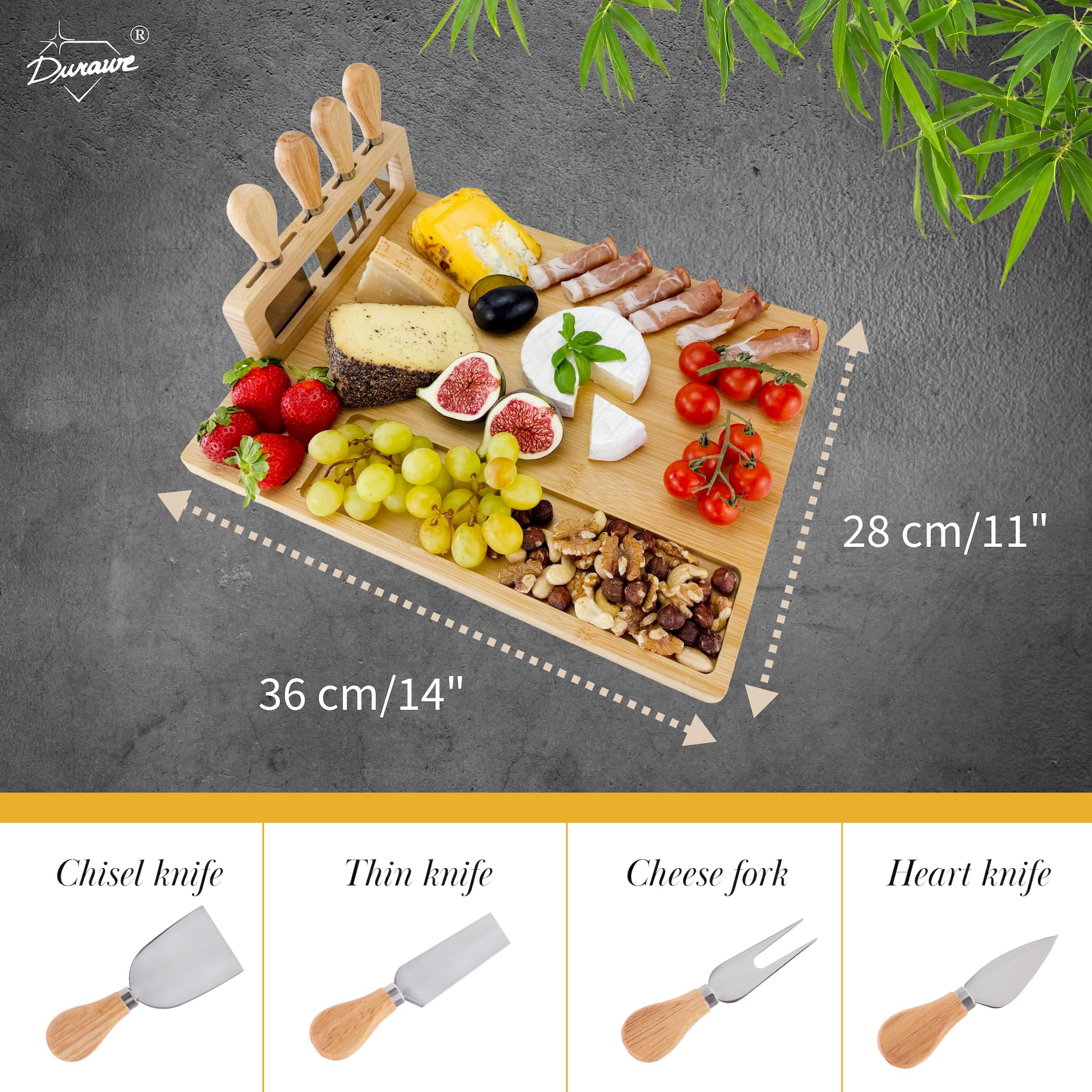 Bambusowa deska do serów z 4 nożami i zdejmowanym uchwytem – półmisek do serwowania z przegródkami na przekąski, Charcuterie Board na aperitif, degustację wina i pomysł na prezent do kuchni