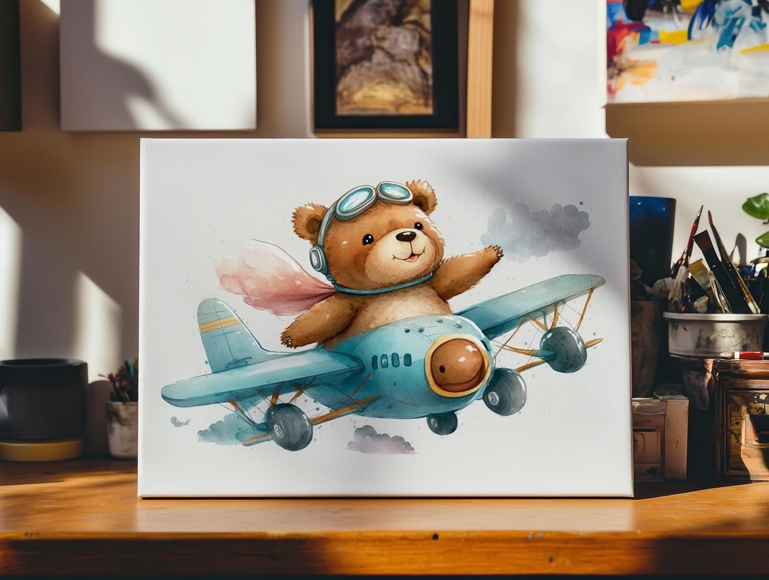Poster Master Teddy Bear Pilot Canvas - Teddy Bear Print - Airplane Art - Minimal Gift for Kids & Parents - Decor for Bedroom, Nursery or Kid's Room - 8x10 STRETCHED Canvas