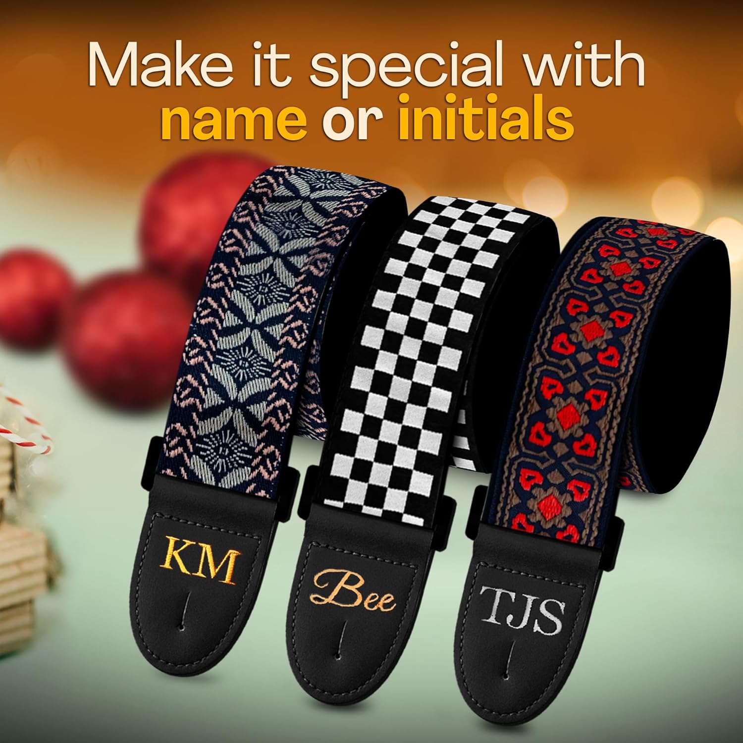 Personalized Guitar Strap Golden Embroidery including - 2 Picks + Locks + Secure Button. Add Your Text and We Make It Especially For You . Get Your Own Custom Guitar Strap, No Shipping Cost!