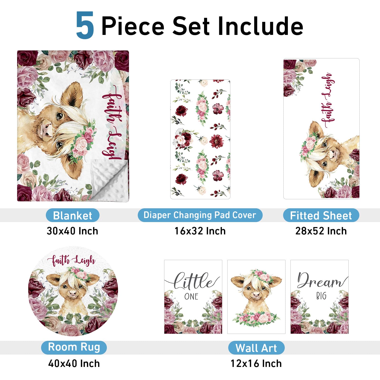 Dyoart Personalized Crib Bedding Set - 5 Piece Custom Baby Crib Set with Name, Double Layer Nursery Bedding Set for Girls, Highland Cow Baby Bedding Set, Gift for Toddler Infant New Parents