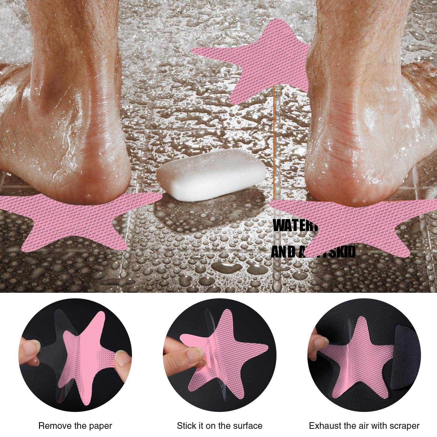 PATIKIL 12 Adesivi Antiscivolo Per Vasca Da Bagno A Forma Di Stella – Rosa, Con Raschietto – Sicurezza Per Doccia E Pavimento, Antiscivolo Per Anziani
