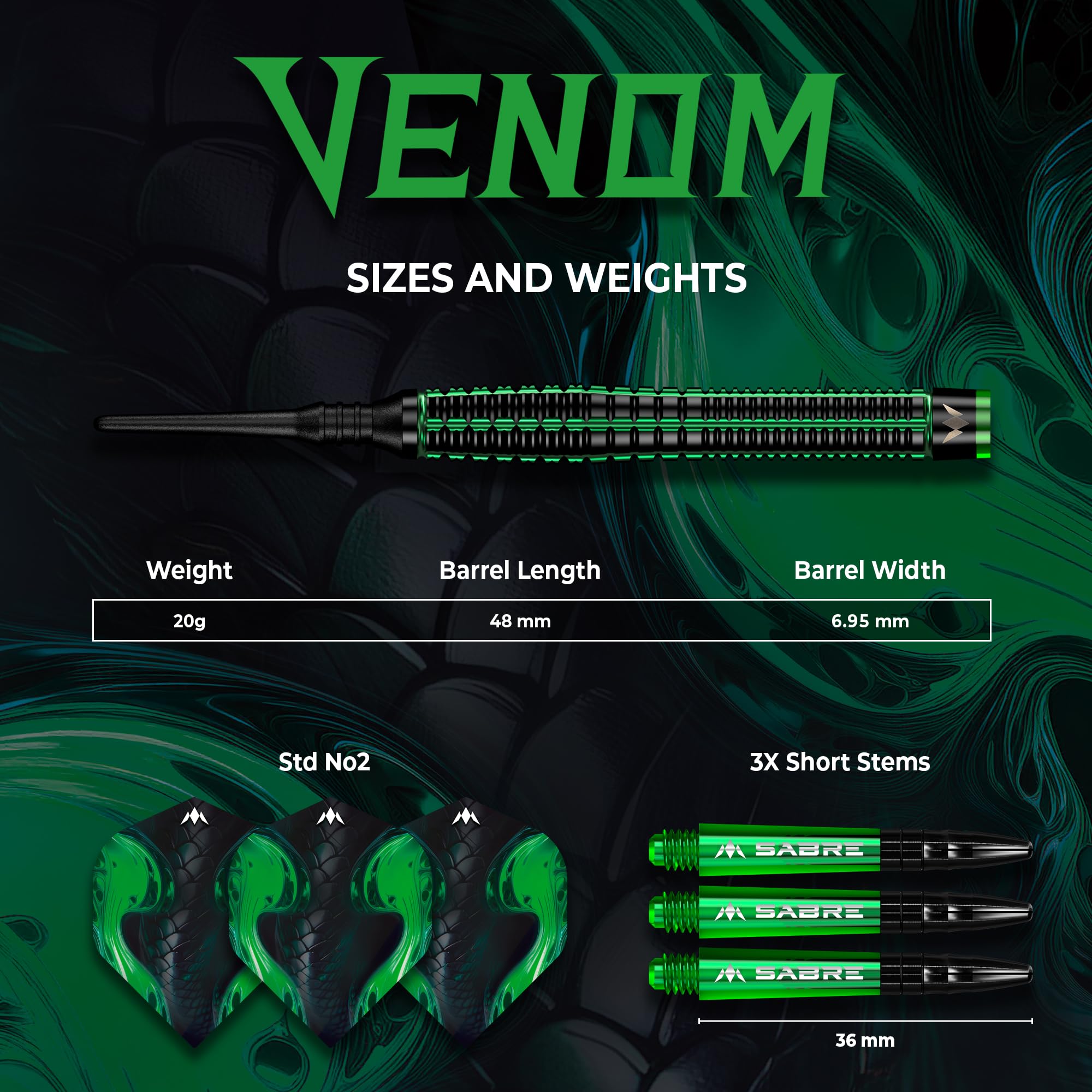 Mission Darts | Freccette Venom | Nero & Verde | Electro Plate | Set freccette punta morbida | 90% tungsteno | 20 g.