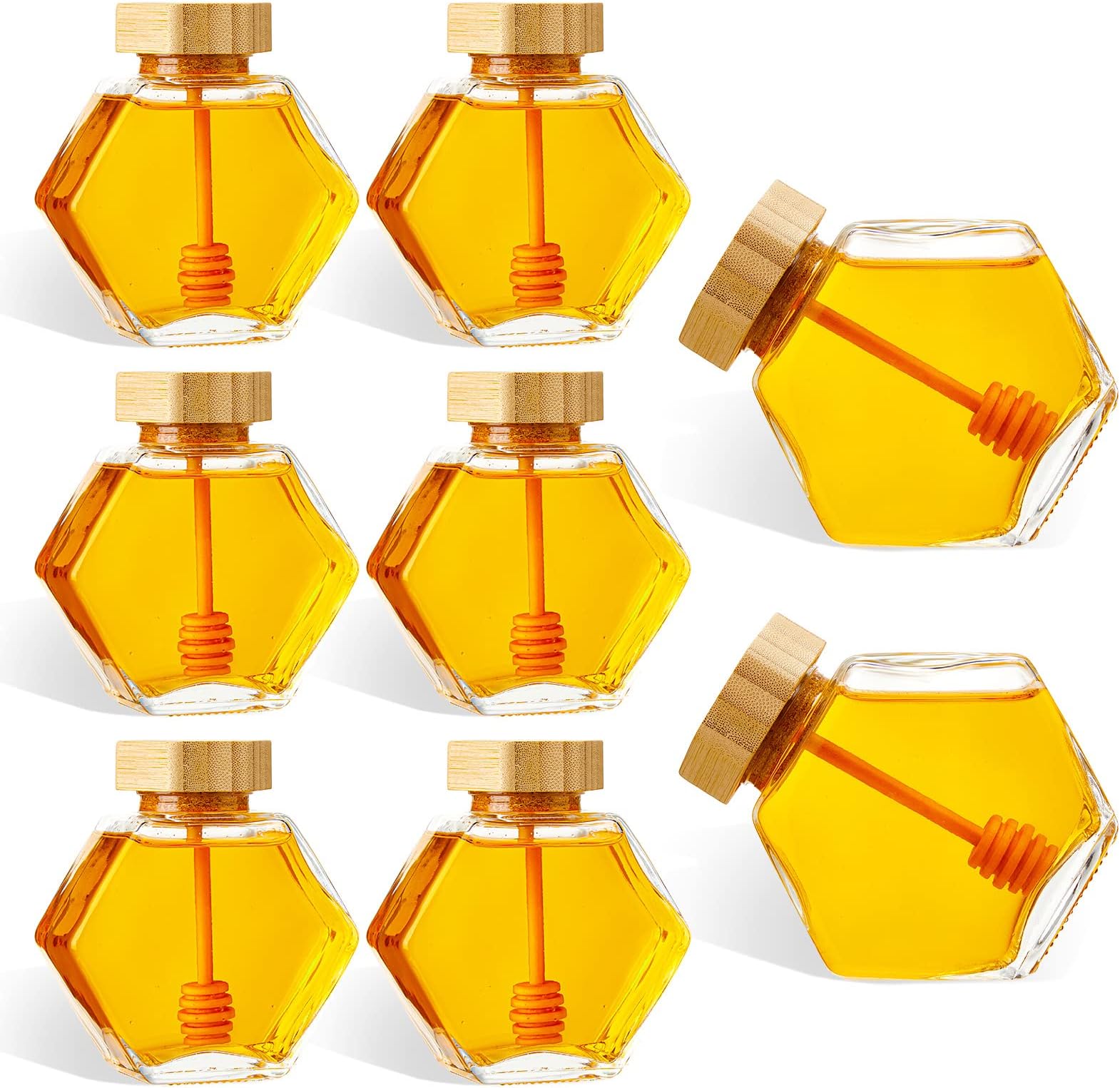 Sunnyray 8 Pcs Glass Honey Jars with Dipper Hexagonal Clear Glass Dispenser Small Honey Containers Bottle with Wooden Dipper and Cork Lid for Home Storage Kitchen (220 ml)