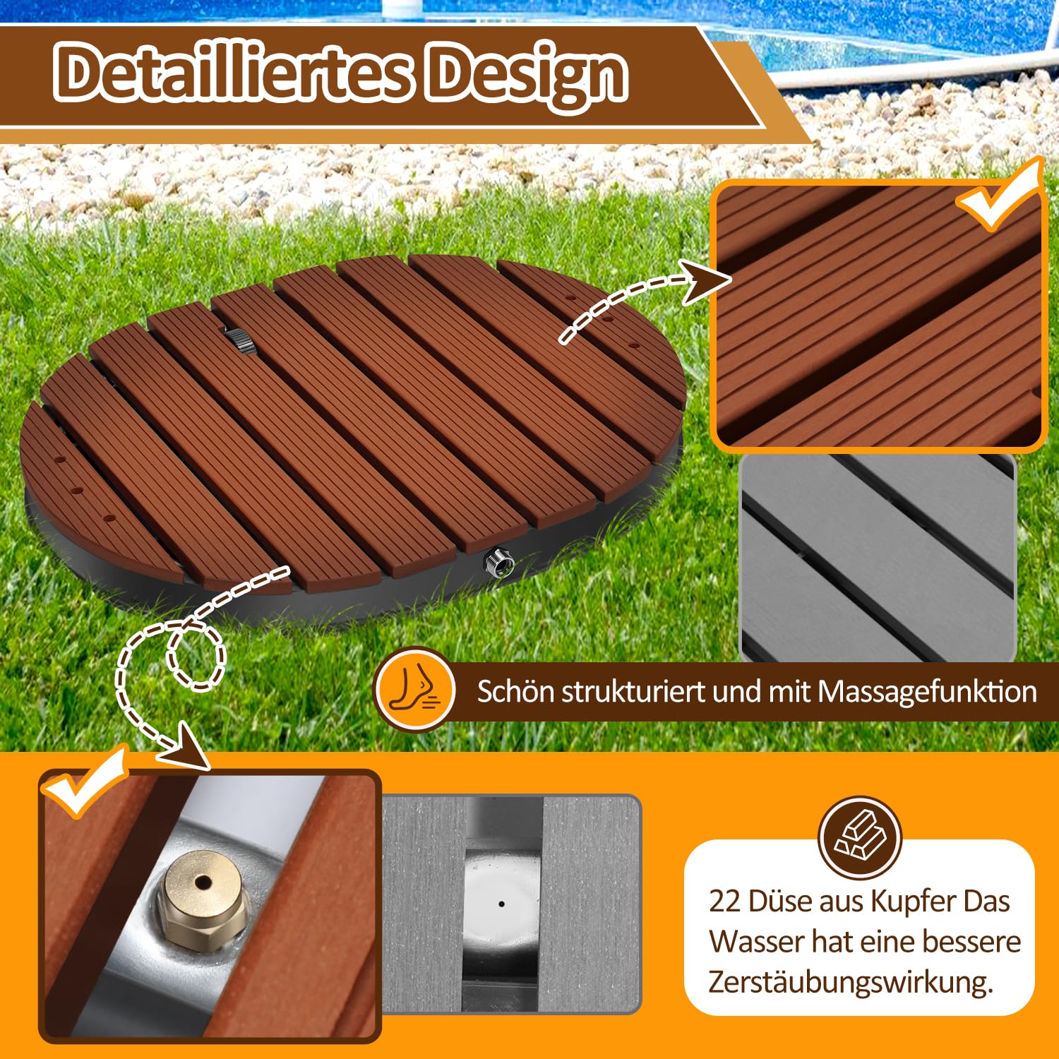 Ducha de suelo de jardín con rueda de pie y boquillas de cobre, ducha de piscina de hasta 4 m de altura de fuente, ducha exterior de aluminio, antideslizante, resistente a la intemperie