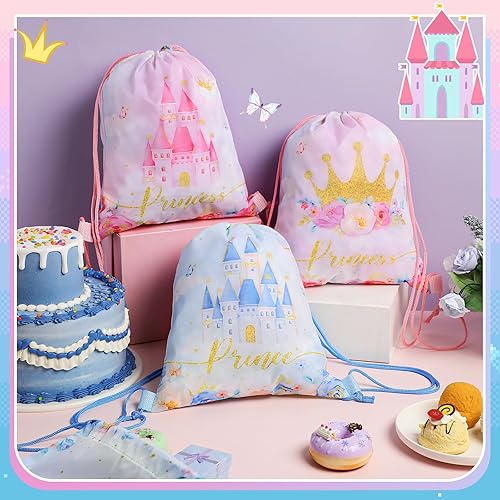 Miniatura 4 de Censen Juego de 24 bolsas con cordón a granel de 12 x 10 pulgadas, bolsas de regalo de princesa príncipe, corona, castillo, floral, bolsa de regalo