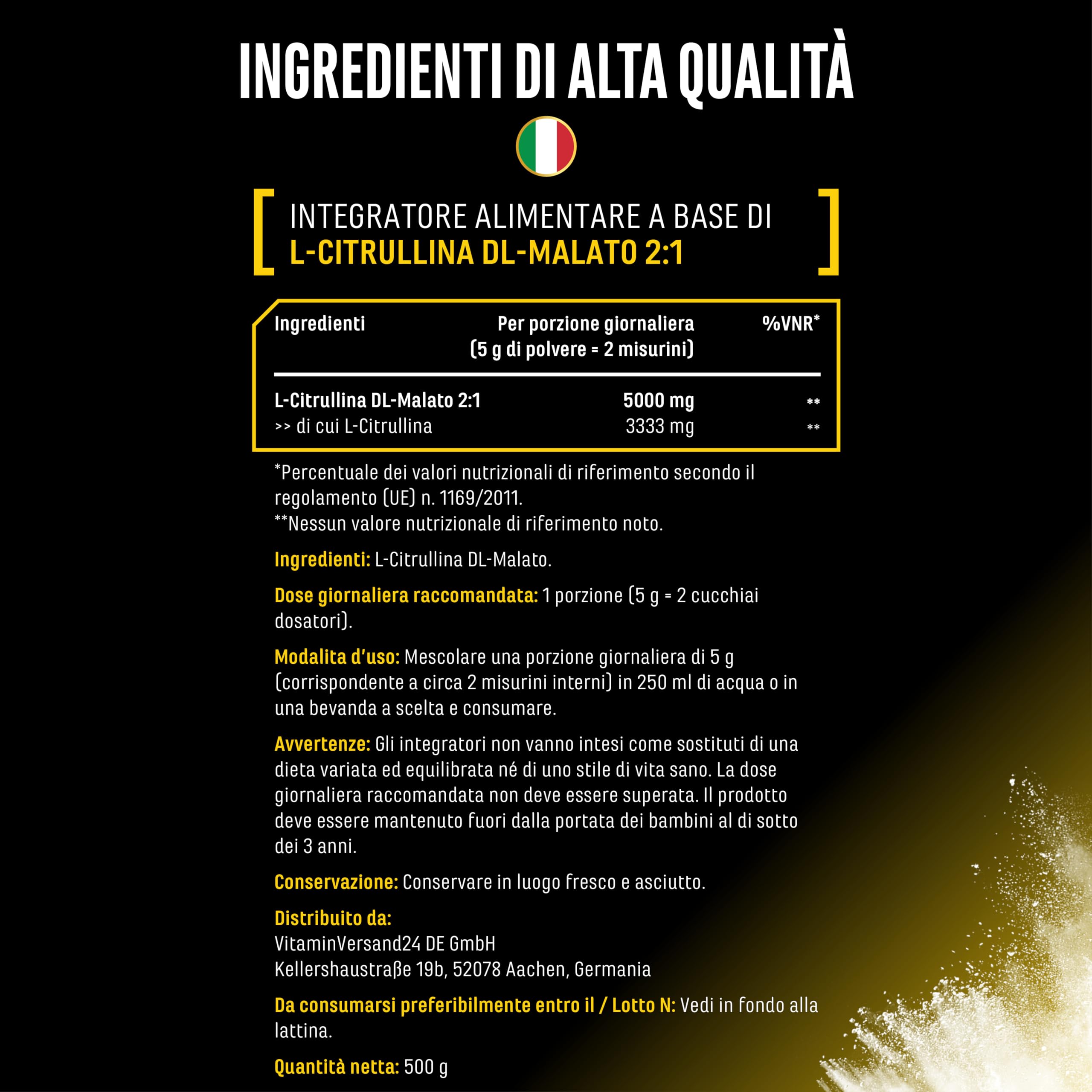 L-citrullina DL-malato 2:1 – polvere 500 g – Da fermentazione vegetale – Amminoacido ad alta purezza, vegano – Solubilità ottimale e senza additivi