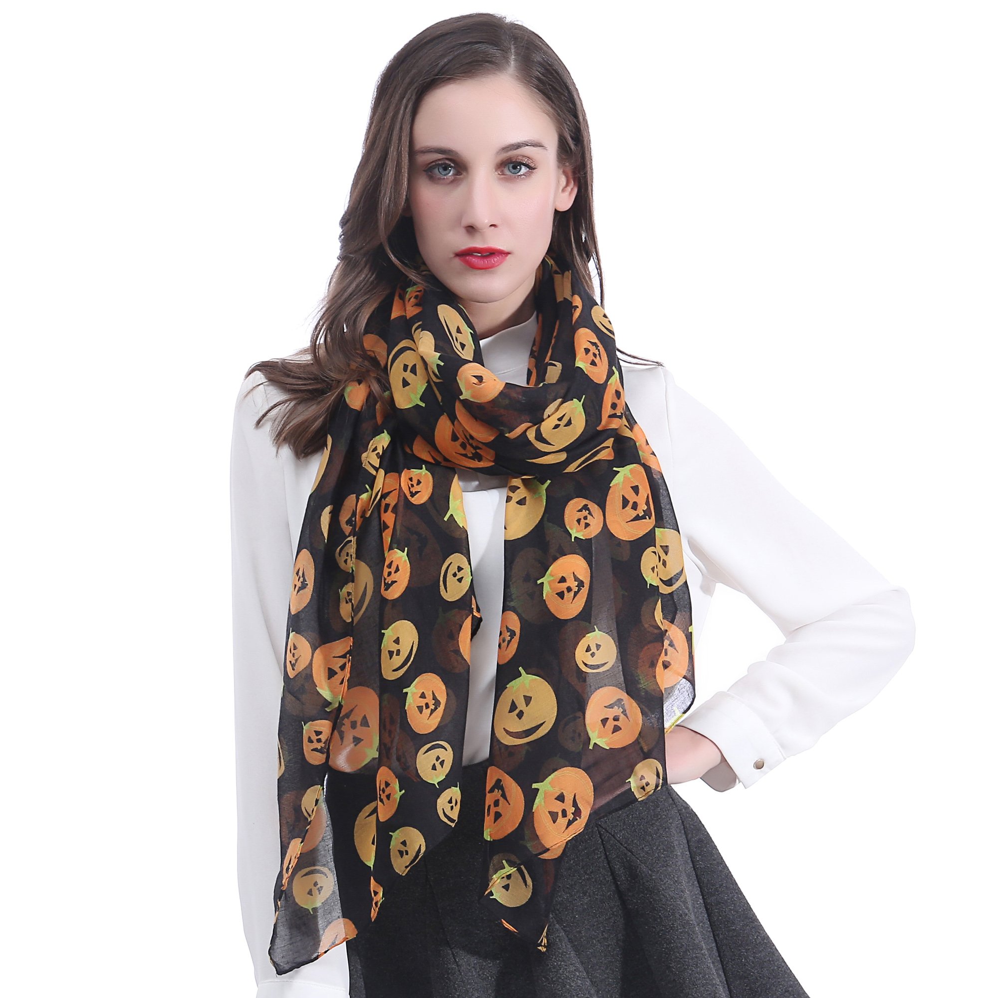 Lina & Lily Halloween Pumpkin Print Women's Scarf Shawl Wrap Lightweight (Black)