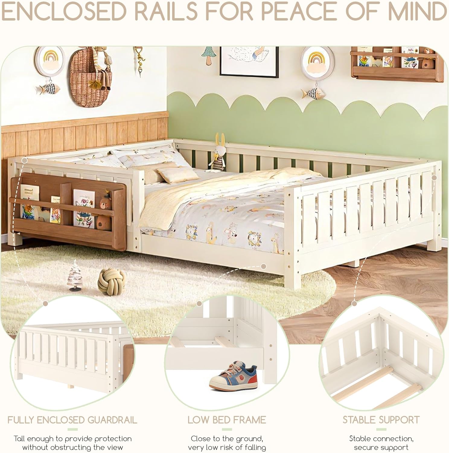 Bellemave Queen Floor Bed Frame with Fence & Bookshelf, Solid Pinewood Montessori Floor Bed Frame Queen with Slats Load 550LBS, Low Floor Bed for Kids, Bedroom, Nursery, Easy Assembly, Beige