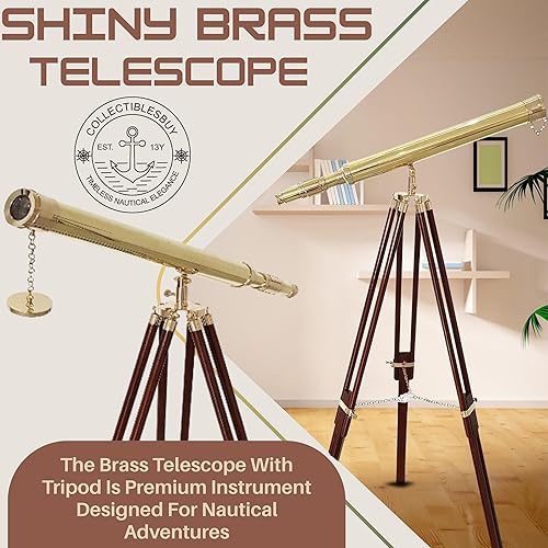 Miniatura 5 de Trípode de madera para telescopio náutico de latón brillante, para decoración del hogar, acabado de latón y marrón