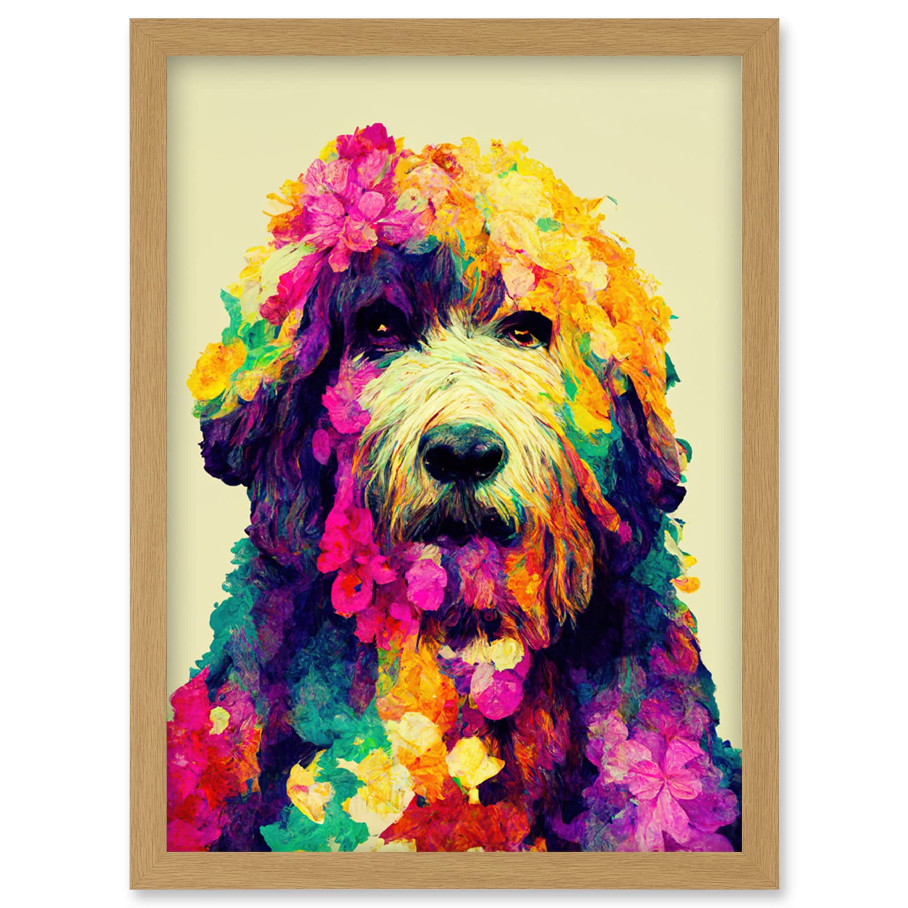 Wee Blue Coo Colourful Vibrant Floral Labradoodle Dog Abstract Portrait Artwork Framed Wall Art Print A4