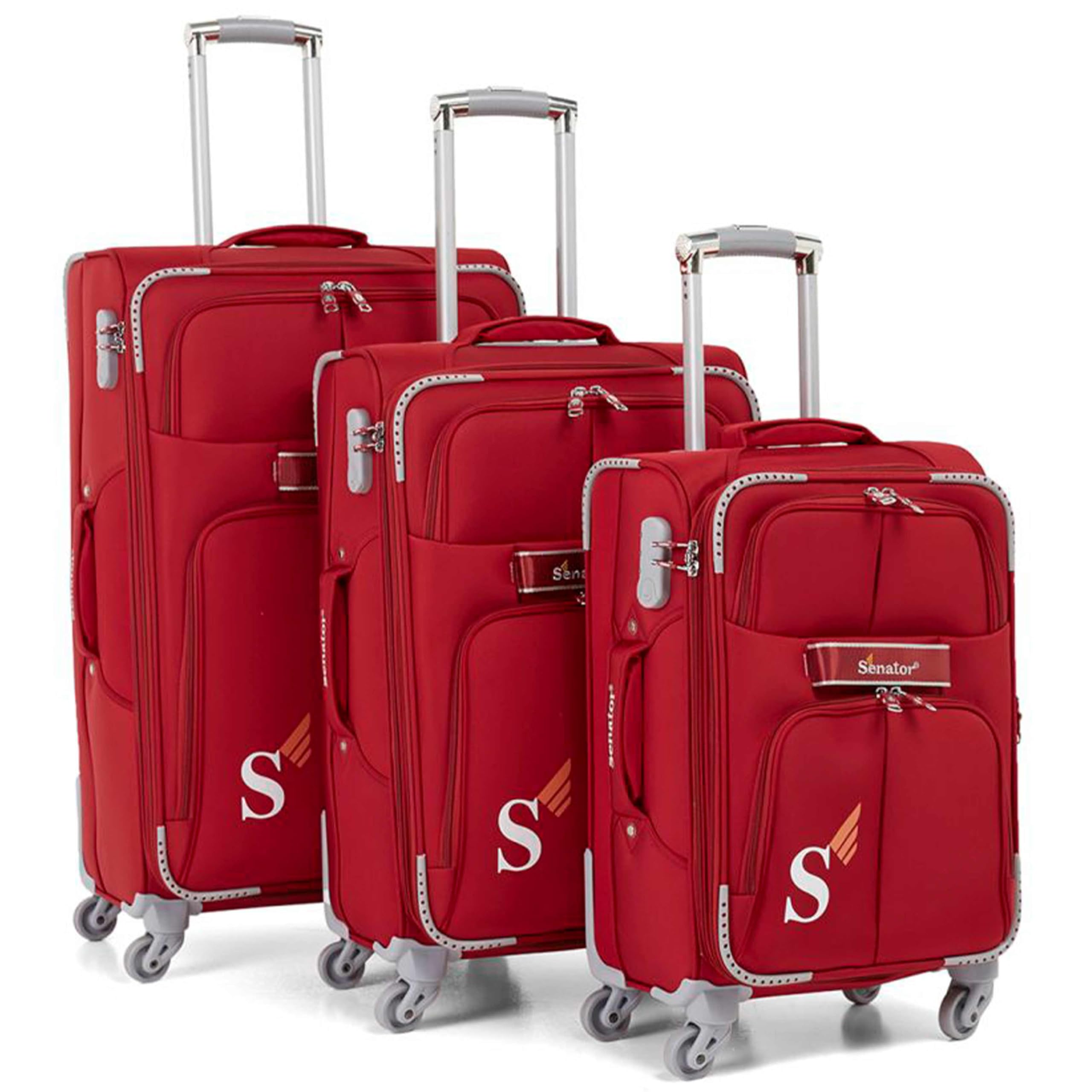 Senator Soft-Shell Luggage Trolley Set- Expandable Lightweight 3-Piece Luggage Sets with Spinner Wheels 4 LL003 (Set of 3, Red)