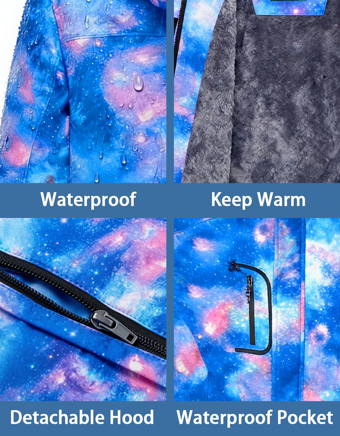 Boy's Waterproof Ski Jacket, Warm Fleece Lined Winter Snow Windproof Jackets, Hooded Ski Coat