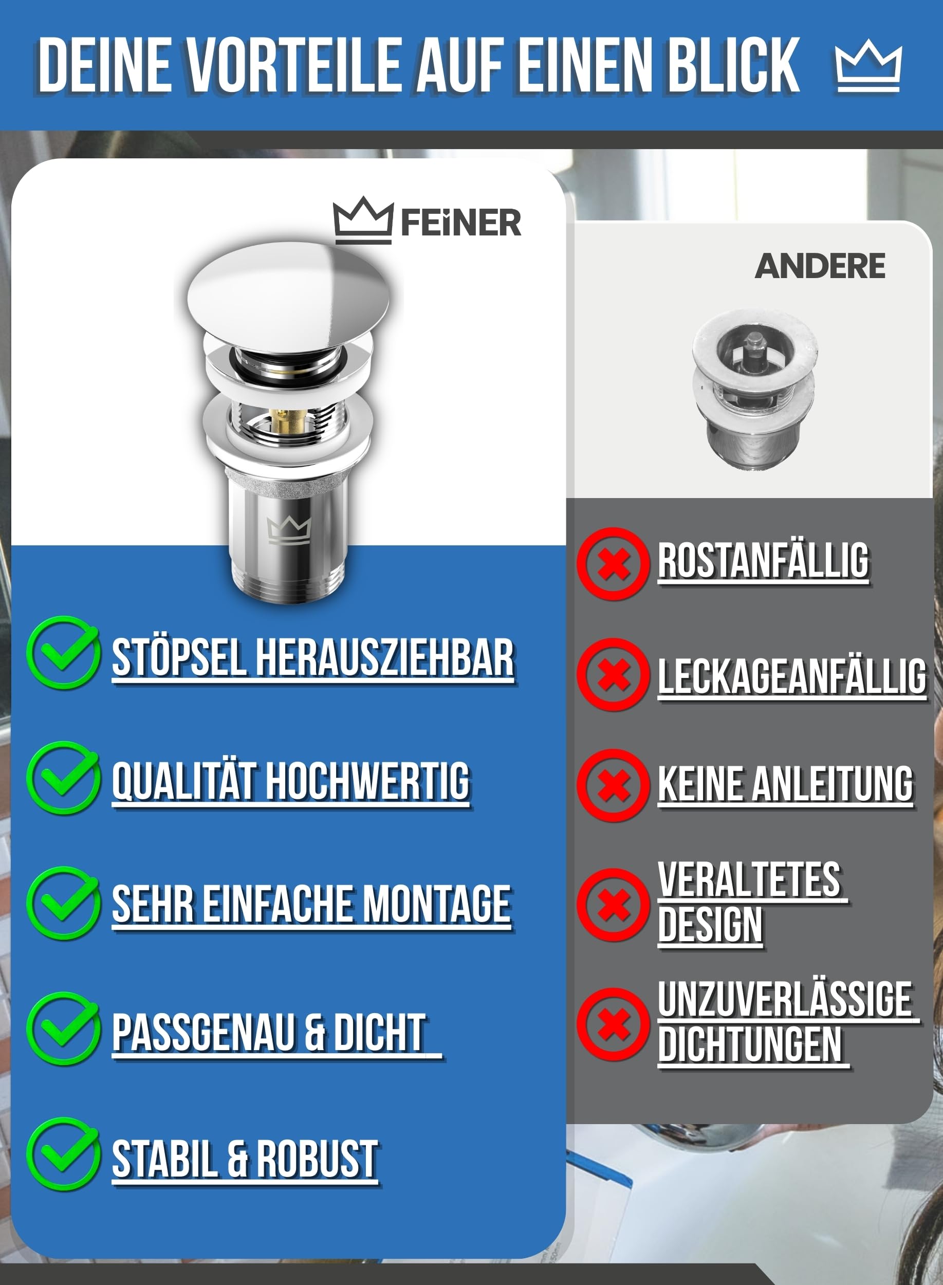 FEINER Juego de 2 desagües universales para Lavabo, Apto para lavabos y lavabos con rebosadero, estándar de 1 ¼ Pulgadas, tapón extraíble con atrapasueños, Juntas de Repuesto e Instrucciones de