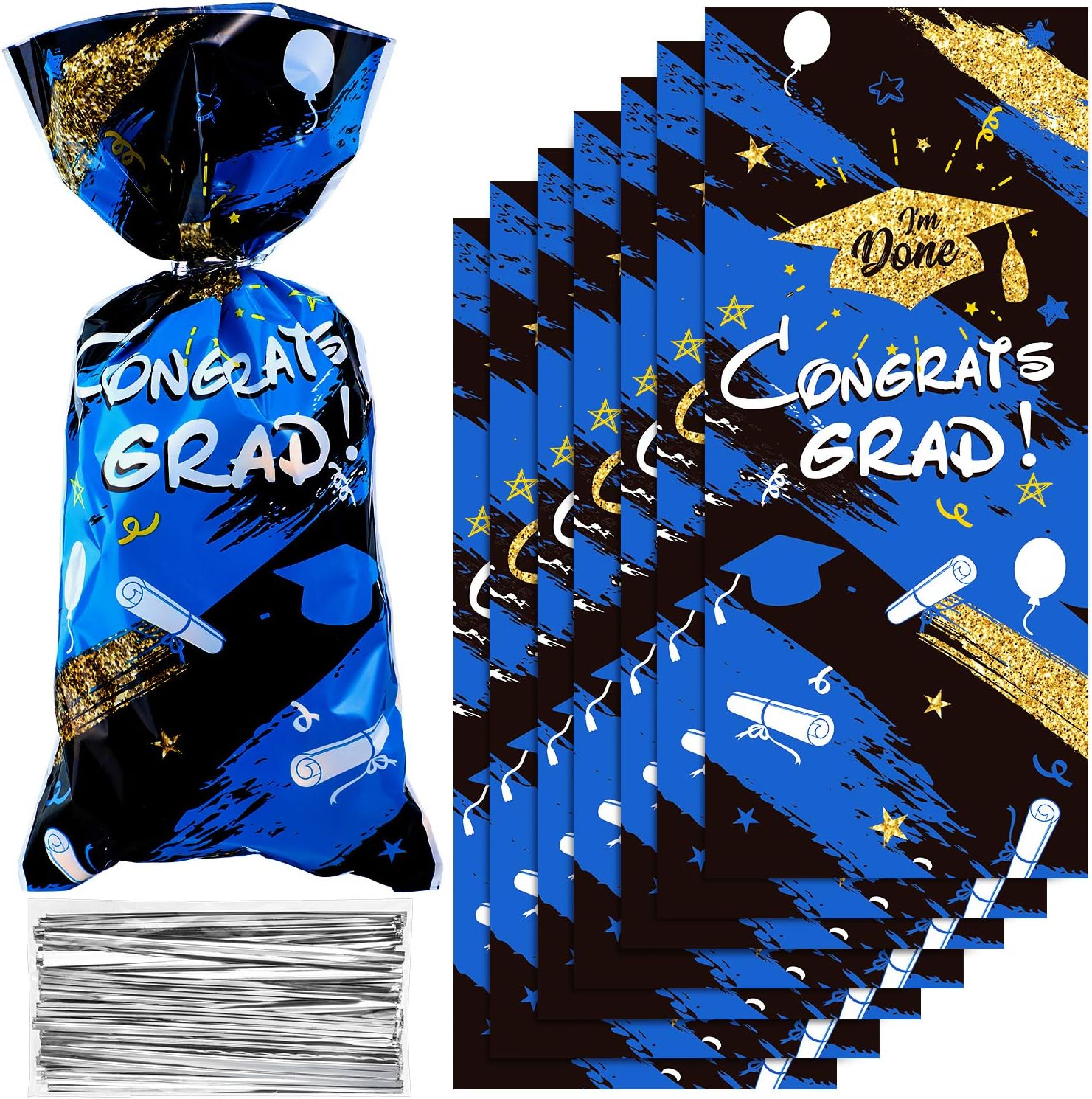 Blulu 100 Pieces Graduation Cellophane Treat Bags Congrats Graduates Candy Plastic Goodie Wrapping Gift Bags with 100 Silver Twist Ties for Grad Party Supplies(Blue)