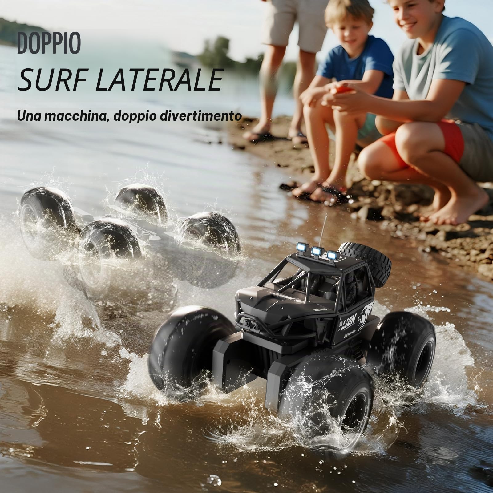 4DRC Y10 Veicolo anfibio telecomandato, camion mostro RC 4WD fuoristrada, auto RC acrobatica 2.4GHz per ragazzi con blocchi, rotazione 360°, oltre 60min gioco, impermeabile, regalo