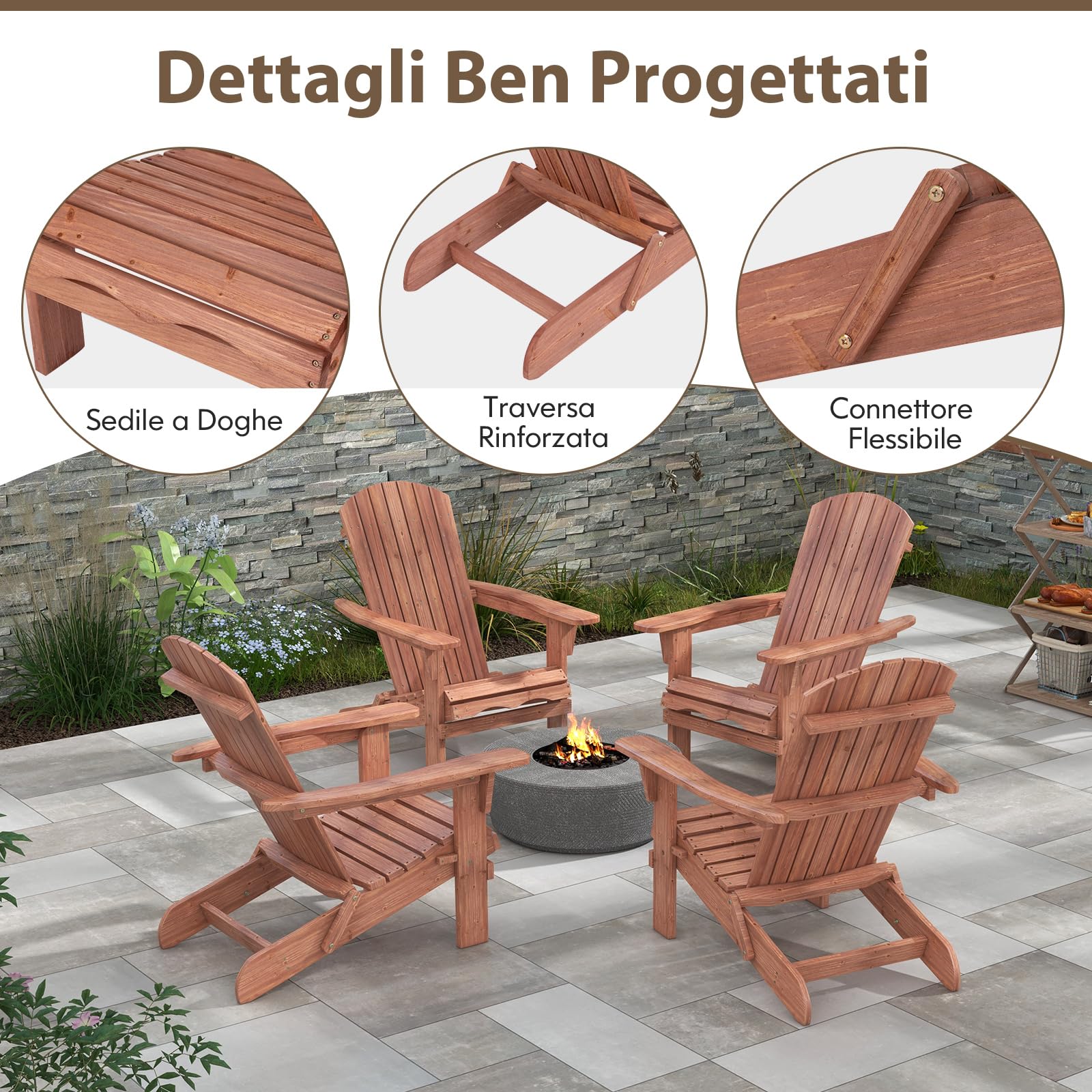 RELAX4LIFE Sedia Adirondack Pieghevole da Giardino in Legno, Max 180KG | Poltrona Bassa a Doghe con Braccioli, Schienale e Sedile Ampio, Esterno e Interno per Terrazza/Patio/Balcone