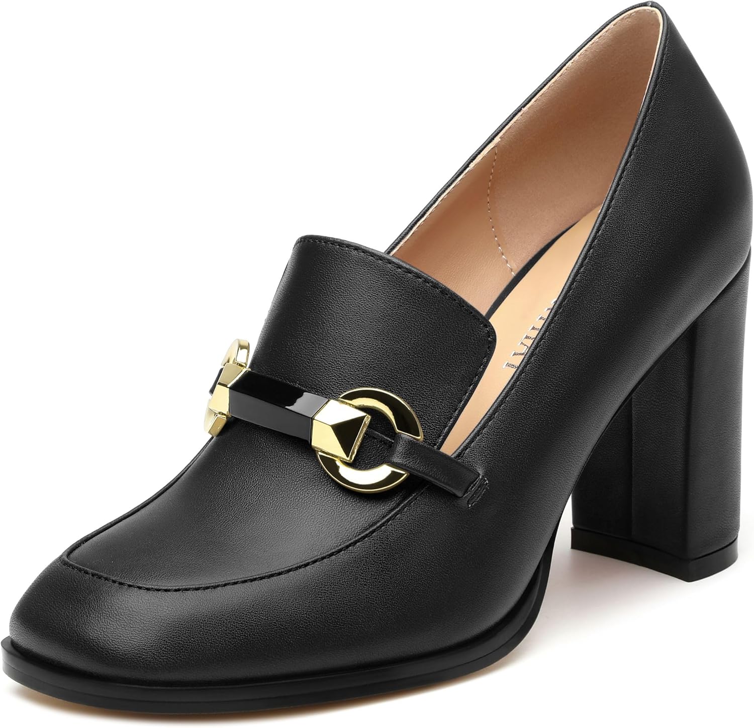 GOFOURTHAT Women's Chunky Block Heels Closed Square Toe Heeled Loafers Pumps Slip On Casual Comfortable Work Dress Shoes 3.4 inch