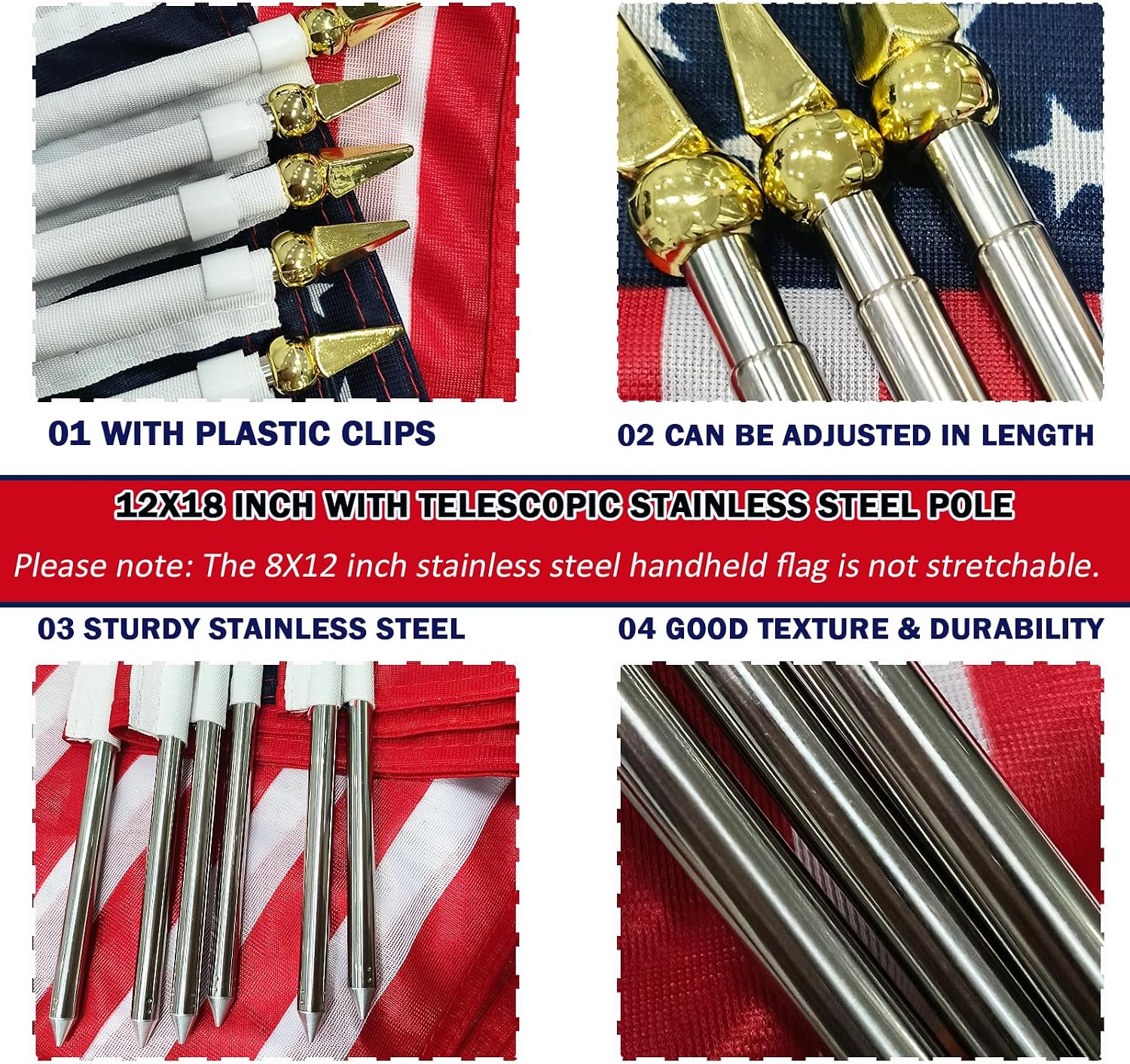 6 Pack Small American Flags on Stick, 12x18 Inch Mini Handheld USA Flag with Telescopic Stainless Steel Flag Pole, 4th of July US 250th Anniversary Decorations, Memorial Day Outdoor Decor