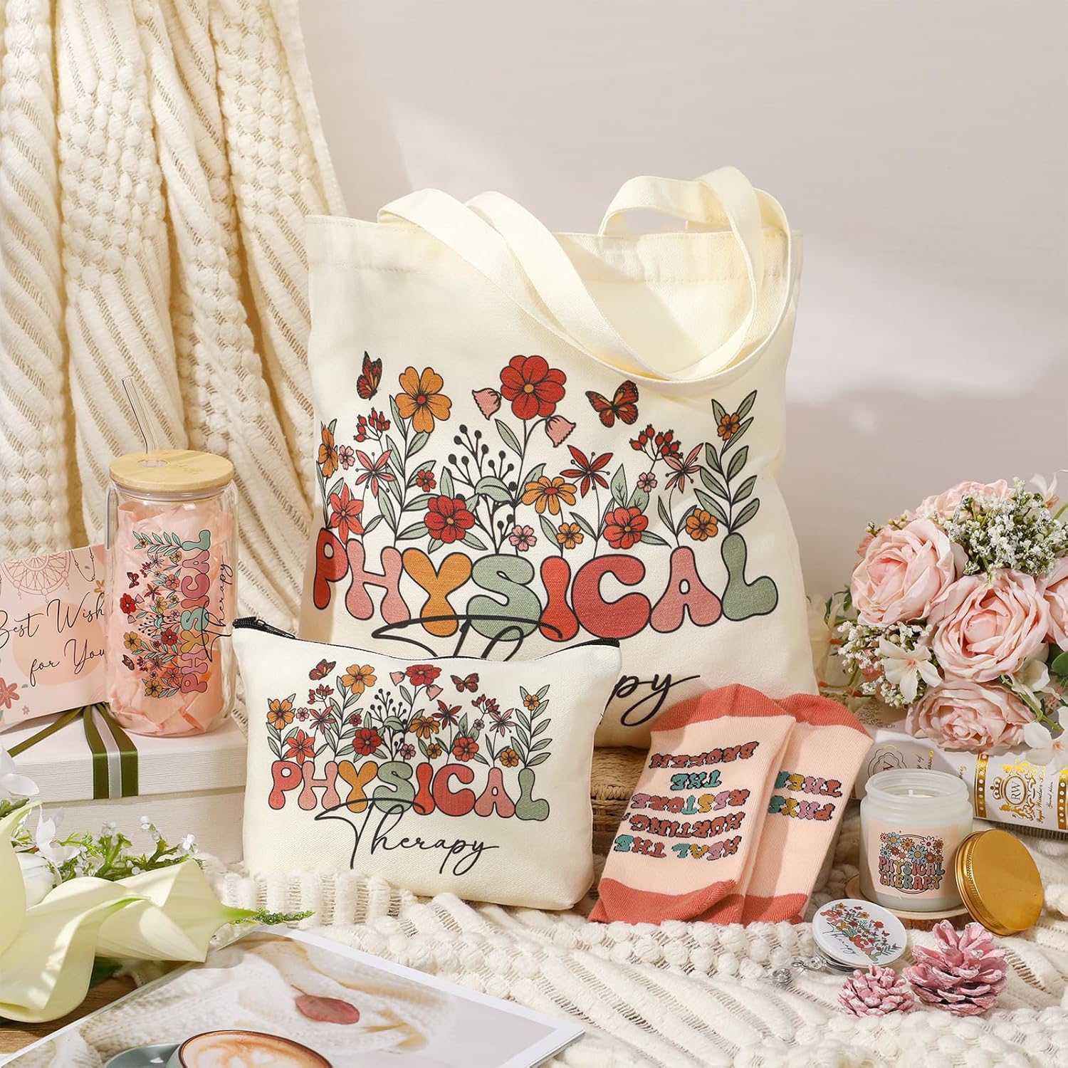 6 Pcs Physical Therapy Gifts for Women PT Appreciation Gifts Set with 17 oz Glass Cup Canvas Tote Bag for Physical Therapist Assistant Student Doctor Nurse Staff - Image 2