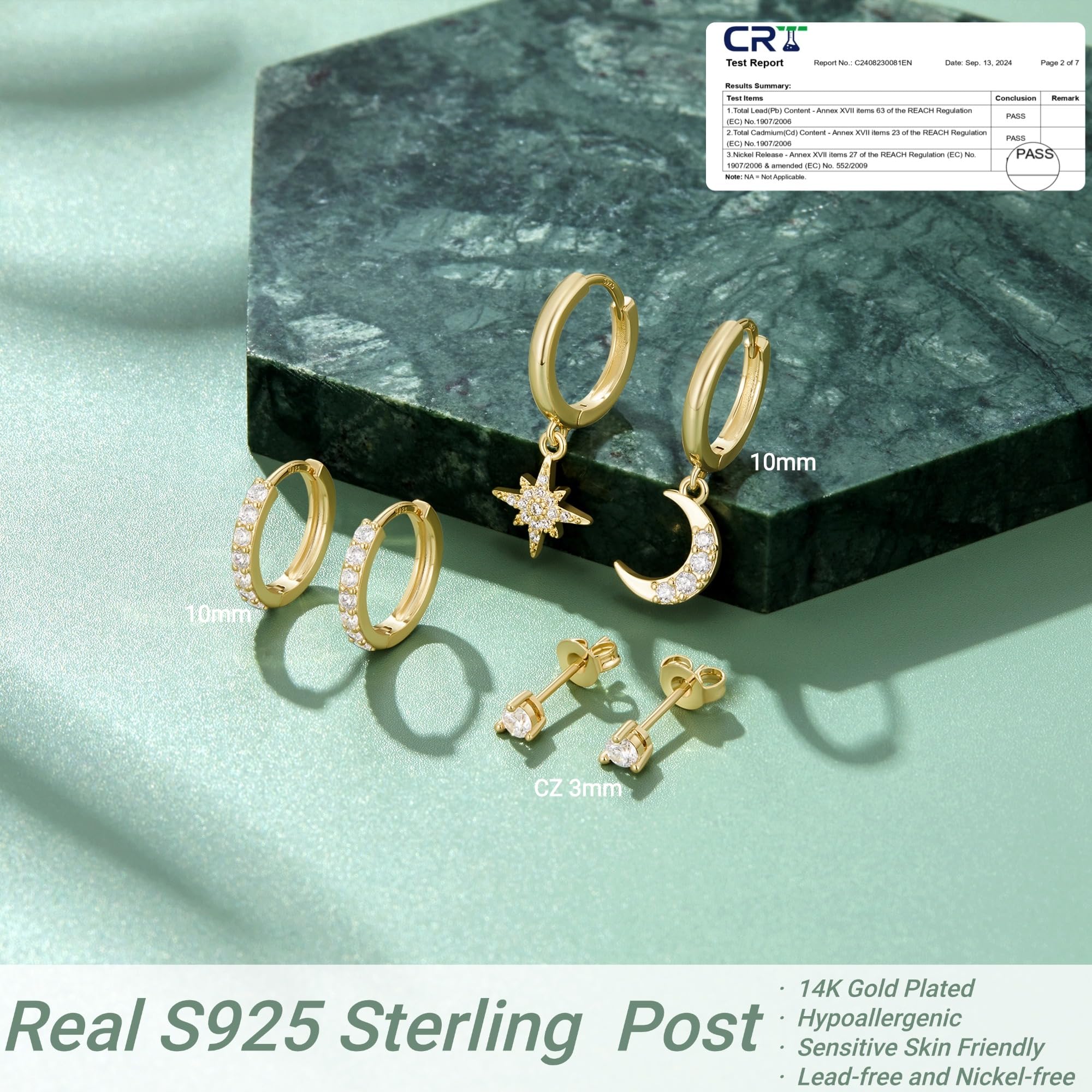 MACACHII Orecchini Donna Argento 925 Placcati Oro 14K - Orecchini a Lobo, Cerchio, Helix - Anallergici, Idee Regalo Gioielli per Piercing Multipli（Set 3 Paia）