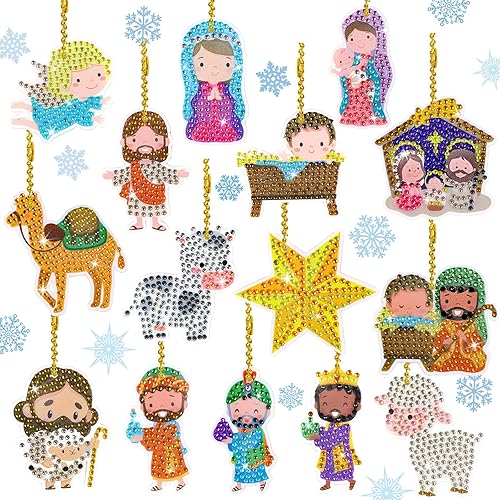 Miniatura 1 de Whaline Kit de llavero de dibujo de diamantes 5D de Navidad, hecho a mano, ángel de la natividad, colgante de dibujo de diamantes de imitación,