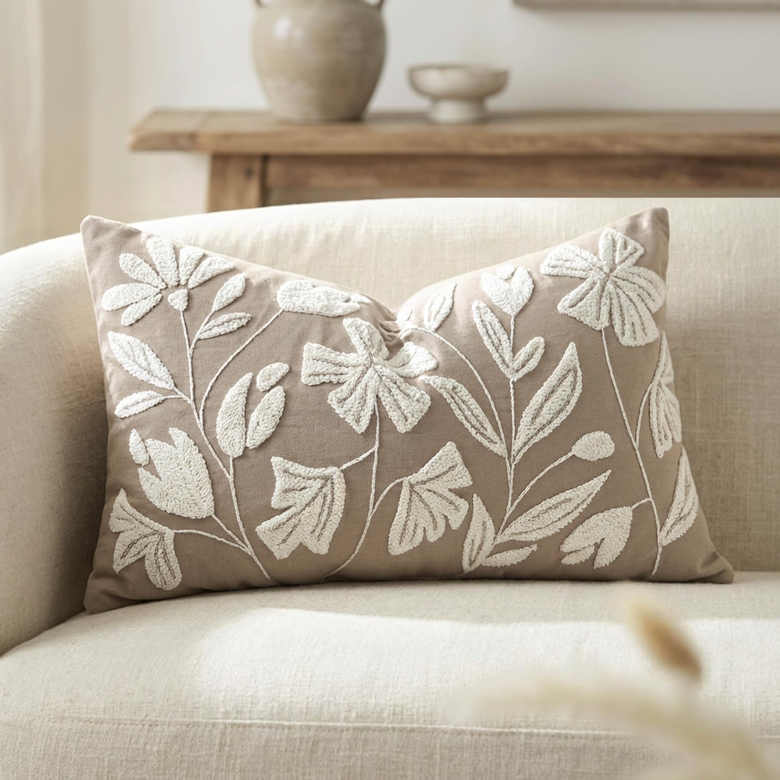 BlissBlush Decorative Lumbar Pillow Cover 12x20, Light Taupe Tufted Velvet