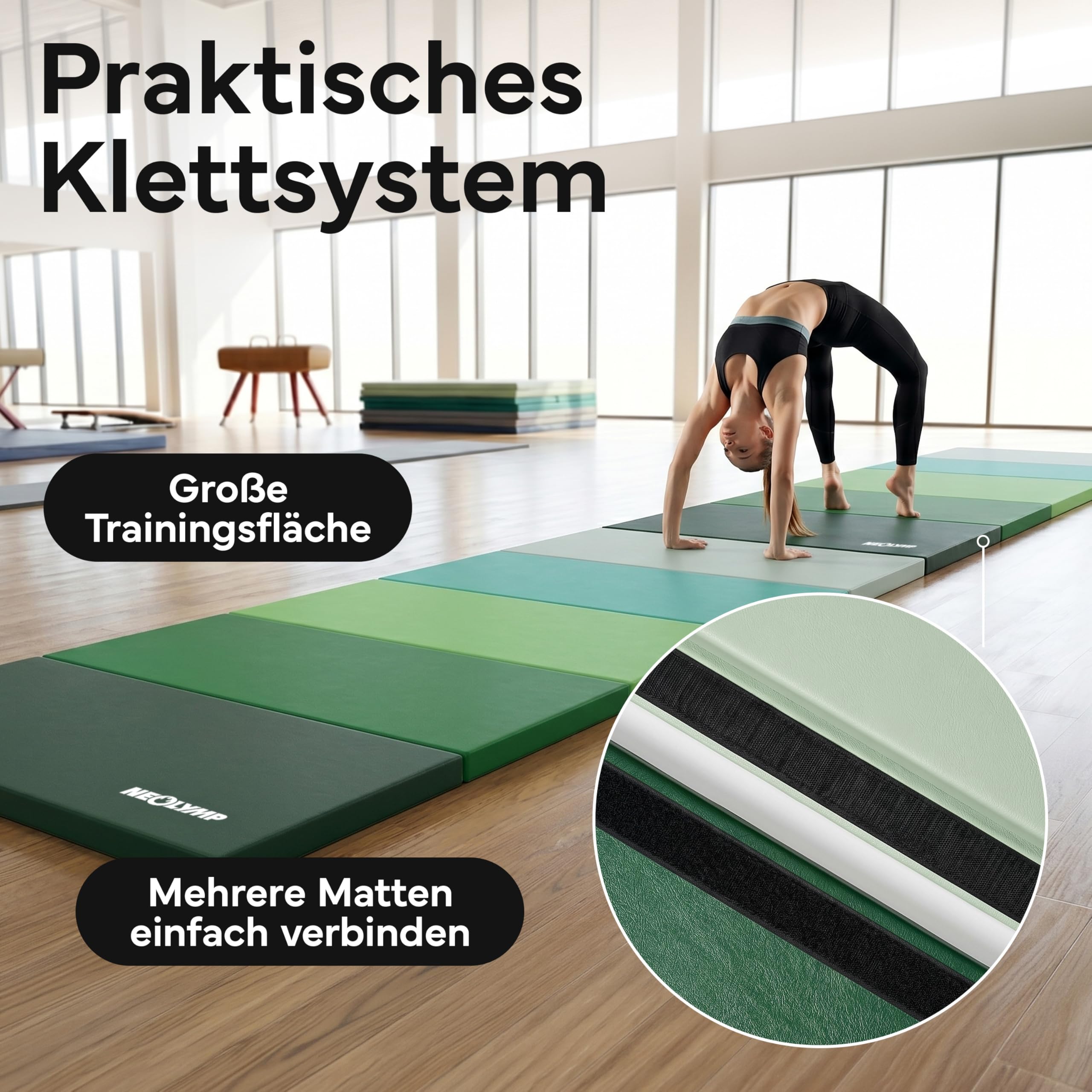 NEOLYMP Turnmatte klappbar - Faltbare Gymnastikmatte für Zuhause - Dicke Fitnessmatte für Kampfsport, Yoga & Pilates - Weiche Bodenmatte mit Tragegriff & Klett-Verbindung - Platzsparende Sportmatte