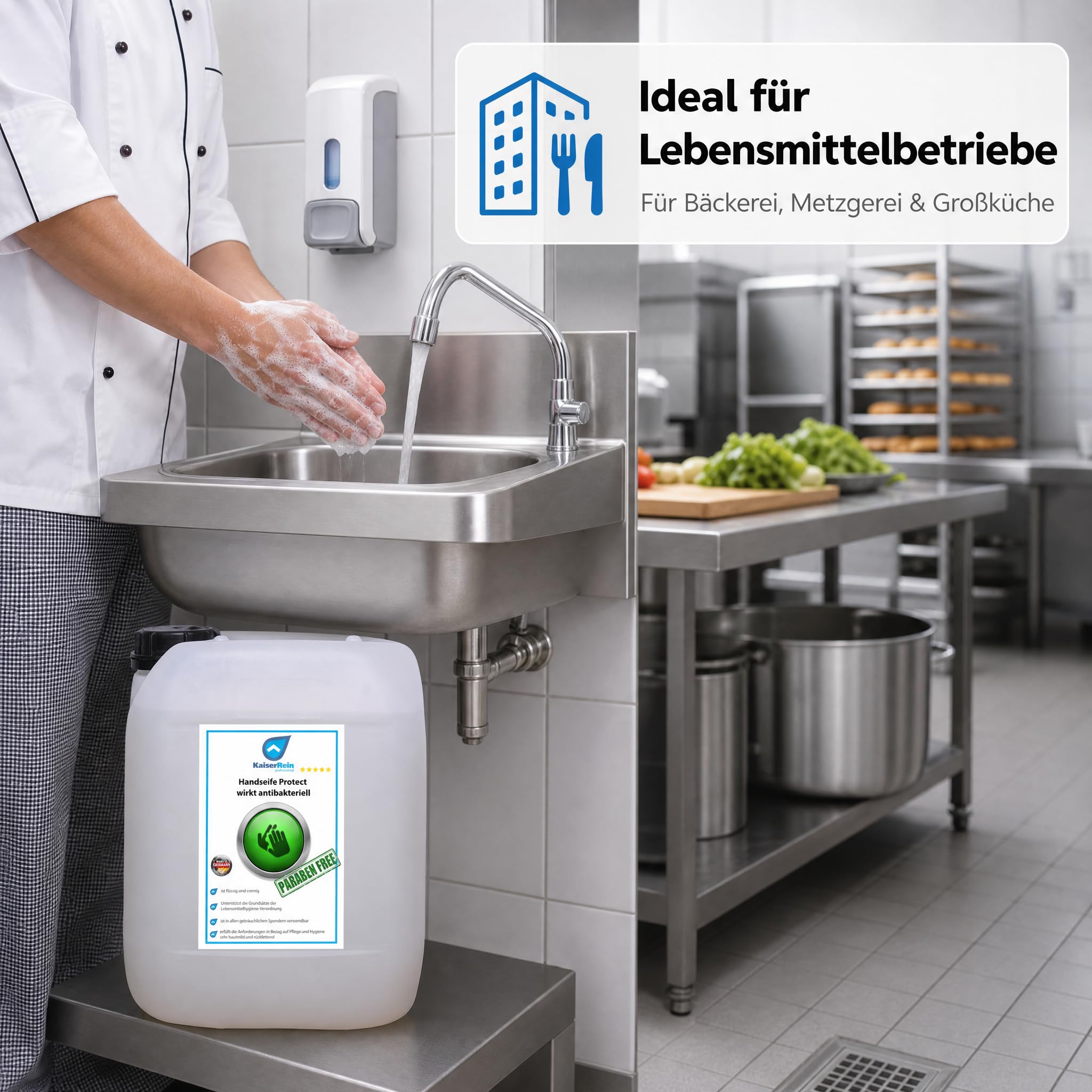 KaiserRein Handseife Protect, Flüssigseife 10 L Kanister, antibakterielle Wirkung, parabenfrei, hautmild & rückfettend, Nachfüllseife für Spender, Made in Germany