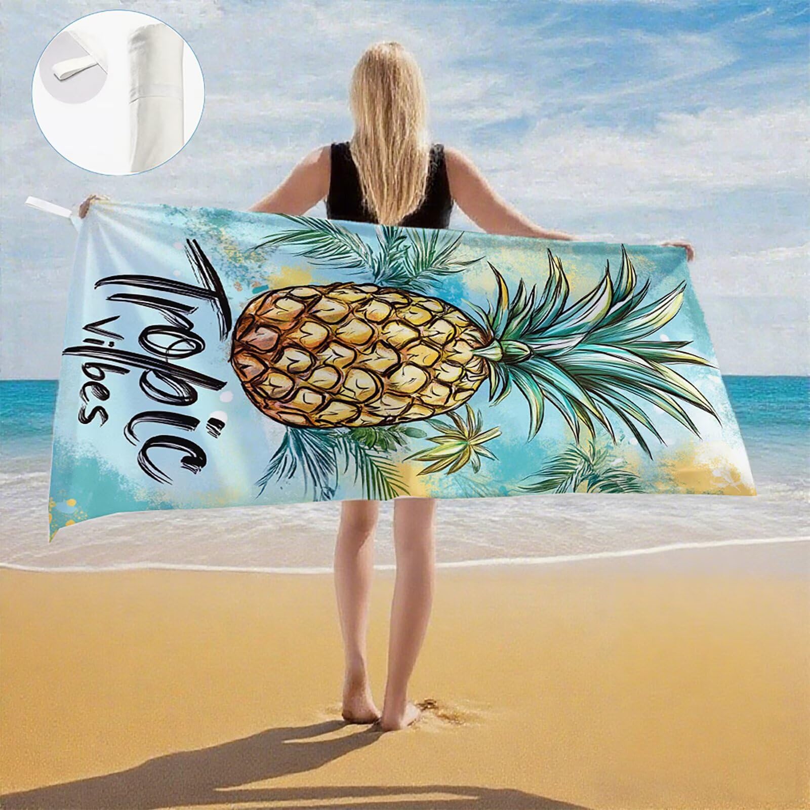 Serviette de Plage Microfibre Serviette Plage 100x220 2 Pack Séchage Rapide, Anti-Sable, Absorbante Fonction Drap de Plage XXL pour Bain, Sport, Voyages, Sauna, Piscine, Yoga, avec Sac Fruit Q-744