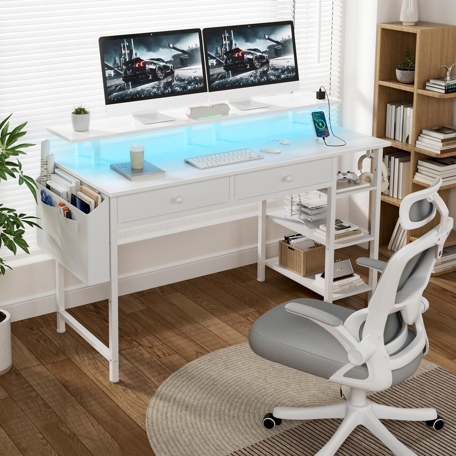 DLisiting Black Gaming Desk with Shelves and Drawers - 39 Inch Small Gaming Desk with Storage Shelves for Boys Teens Bedroom, Black Computer Desks with Drawers, Monitor Stand, Power Outlet: White 47.2"