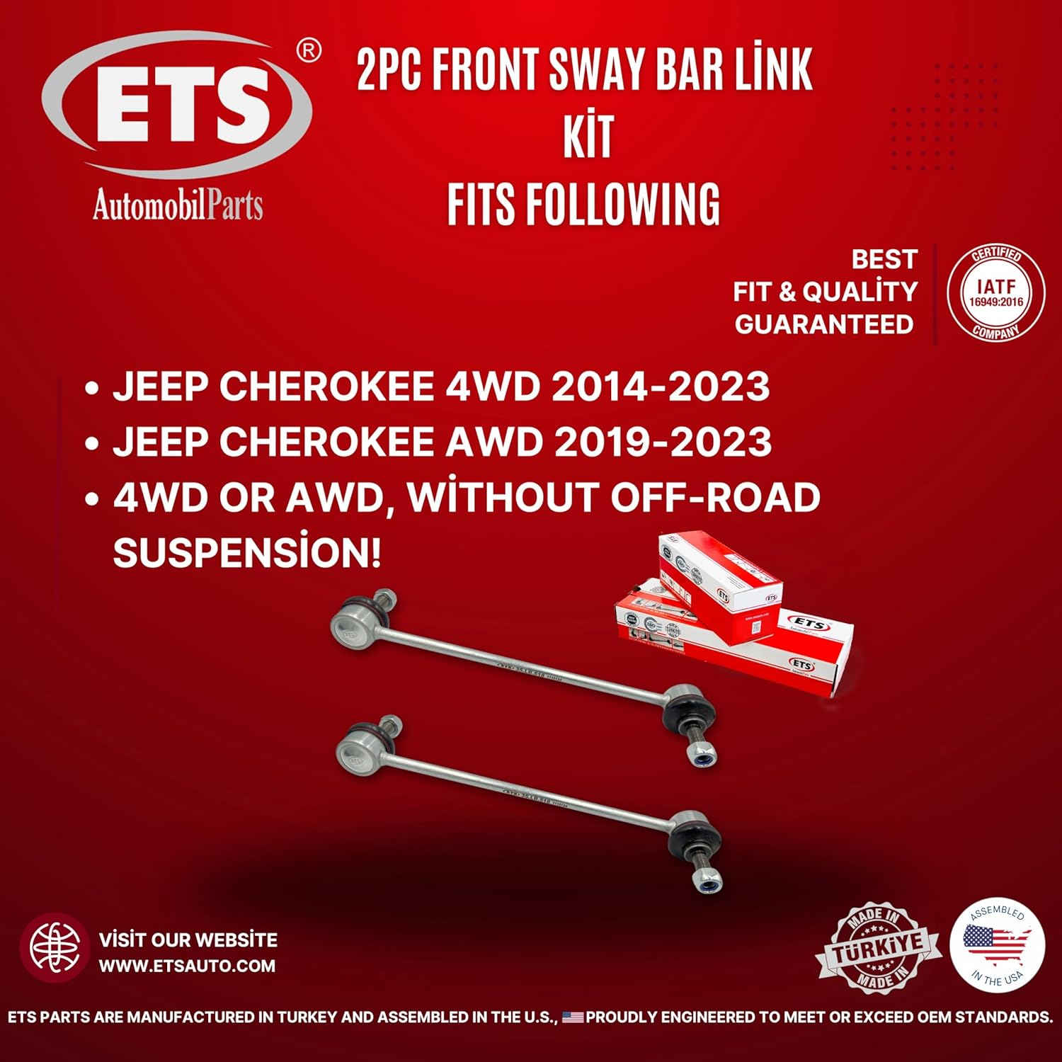 ETS 2Pc Front Stabilizer Sway Bar End Link Kit Fits 2014-2022 Jeep Cherokee AWD / 2014-2022 Jeep Cherokee 4WD K750742