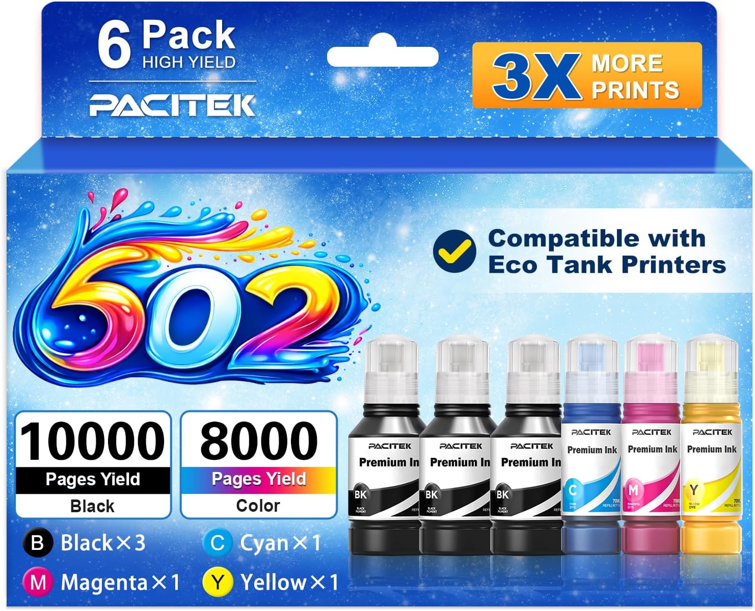 Replacement for 502 Ink Refill Bottles for Epson ET-2850 ET-3850 ET-2760 for ET-4760 ET-3760 ET-15000 ST-4000 ST-2000 ET-3710 ET-2750 ET-3750 ET-4850 ET4750 ET2700 ST3000 ET3700 Printer (6 Pack)