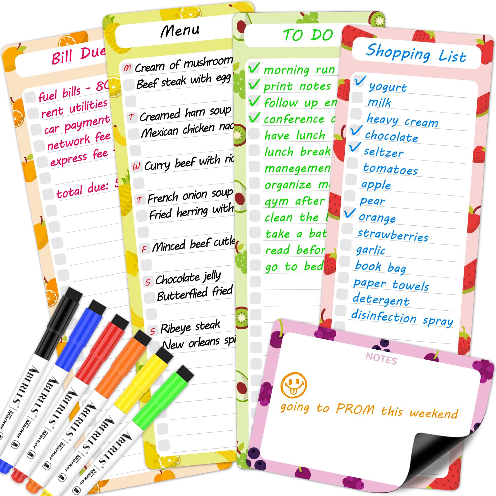 Magnetic Dry Erase List Board for Fridge, 4"x12" Grocery List Magnet Pad for Refrigerator, Multifunctional Whiteboard with Lines for Meal Planning/to Do List/Chore Chart/Shopping List(Fruit)