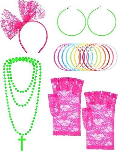 Blulu Accesorios de disfraz de los años 80, diadema de encaje, aretes, guantes de red, collar, pulsera para fiesta retro de los años 80