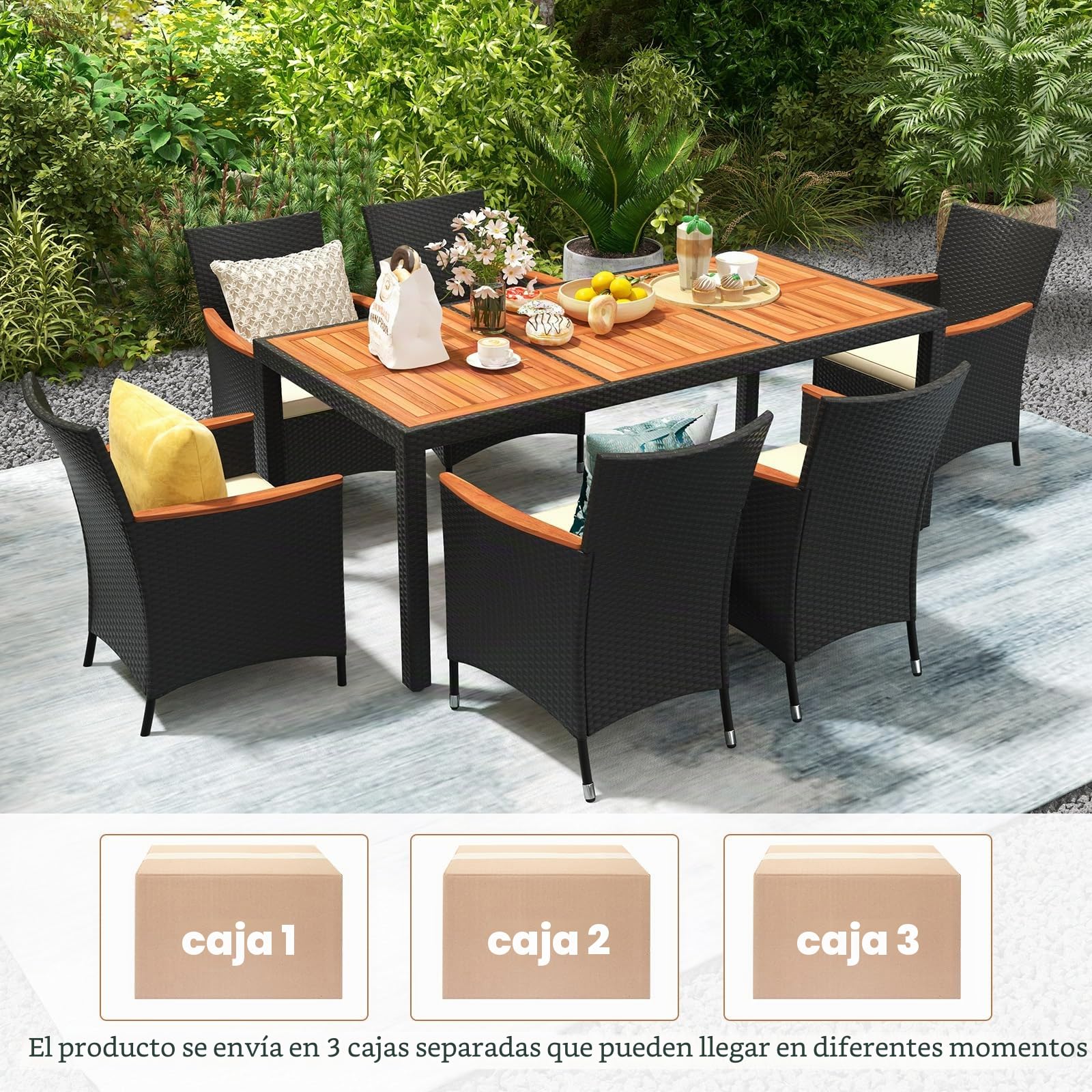 GIANTEX Conjunto de Muebles de Ratán para Jardín, Muebles de Comedor de Ratán, Juego de Muebles, Sillas y Mesa de Acacia para Jardín, Terraza, Patio (Cojín Beige, Mesa+8 Sillas)