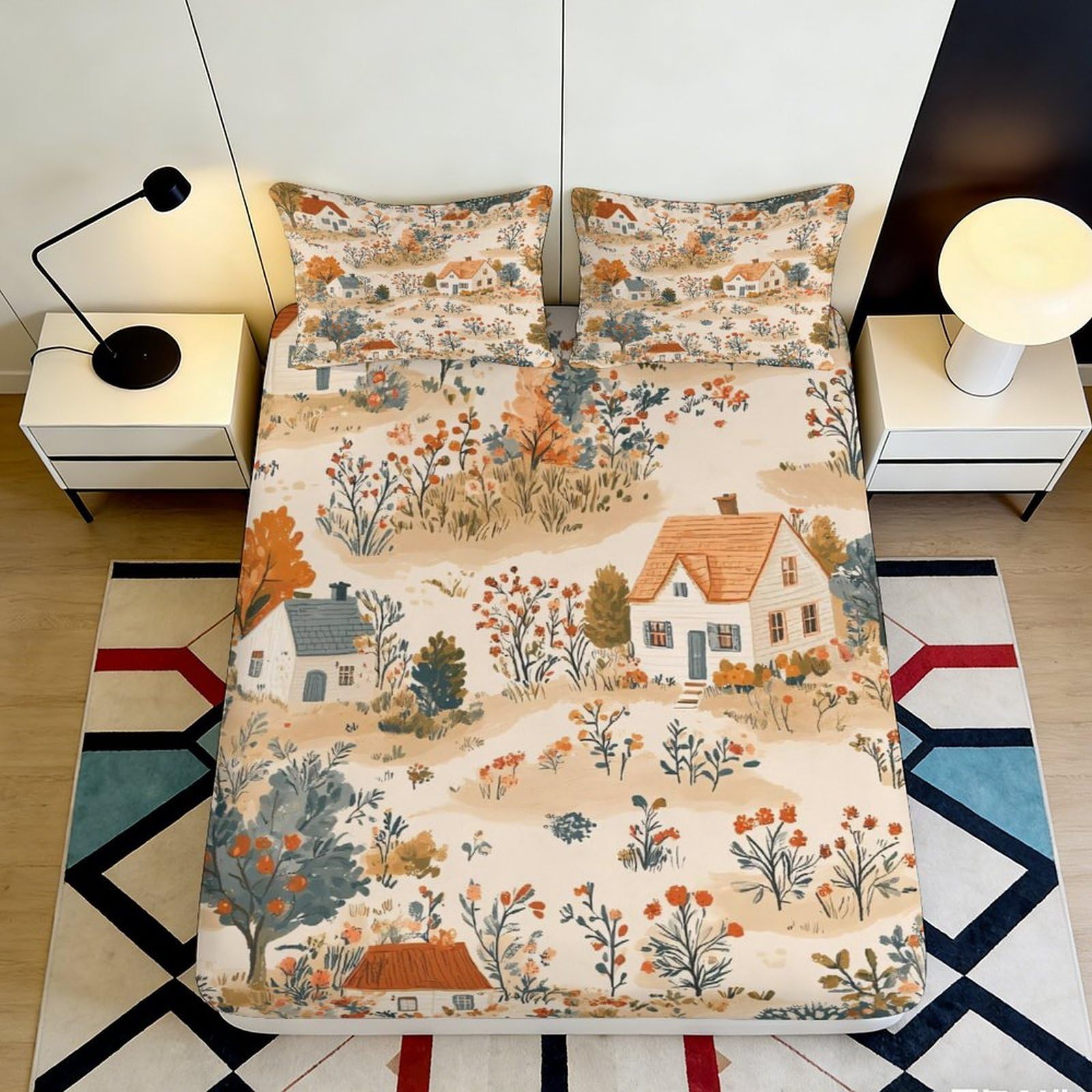 Pnayamiorkfel Style-6 3D Printed Cottage Landscape Fitted Sheet Microfiber Autumn Village Mattress Cover For Bedroom Guest Room Decor 90X200x25cm