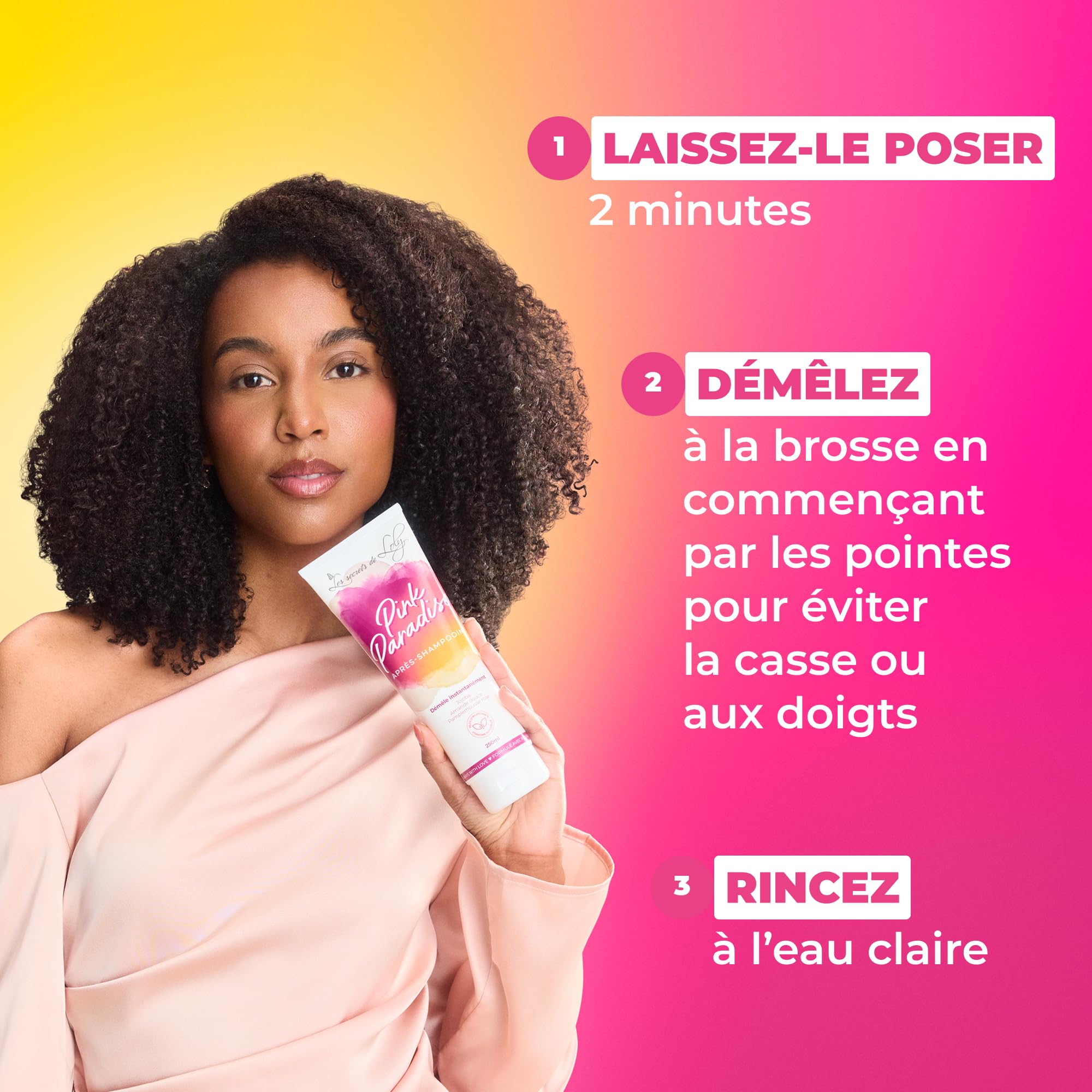 Les Secrets de Loly – Pink Paradise – Après-shampooing ultra démêlant Fortifie & adoucit – Cheveux ondulés, bouclés, frisés et crépus – +98% d'origine naturelle – 250 ml
