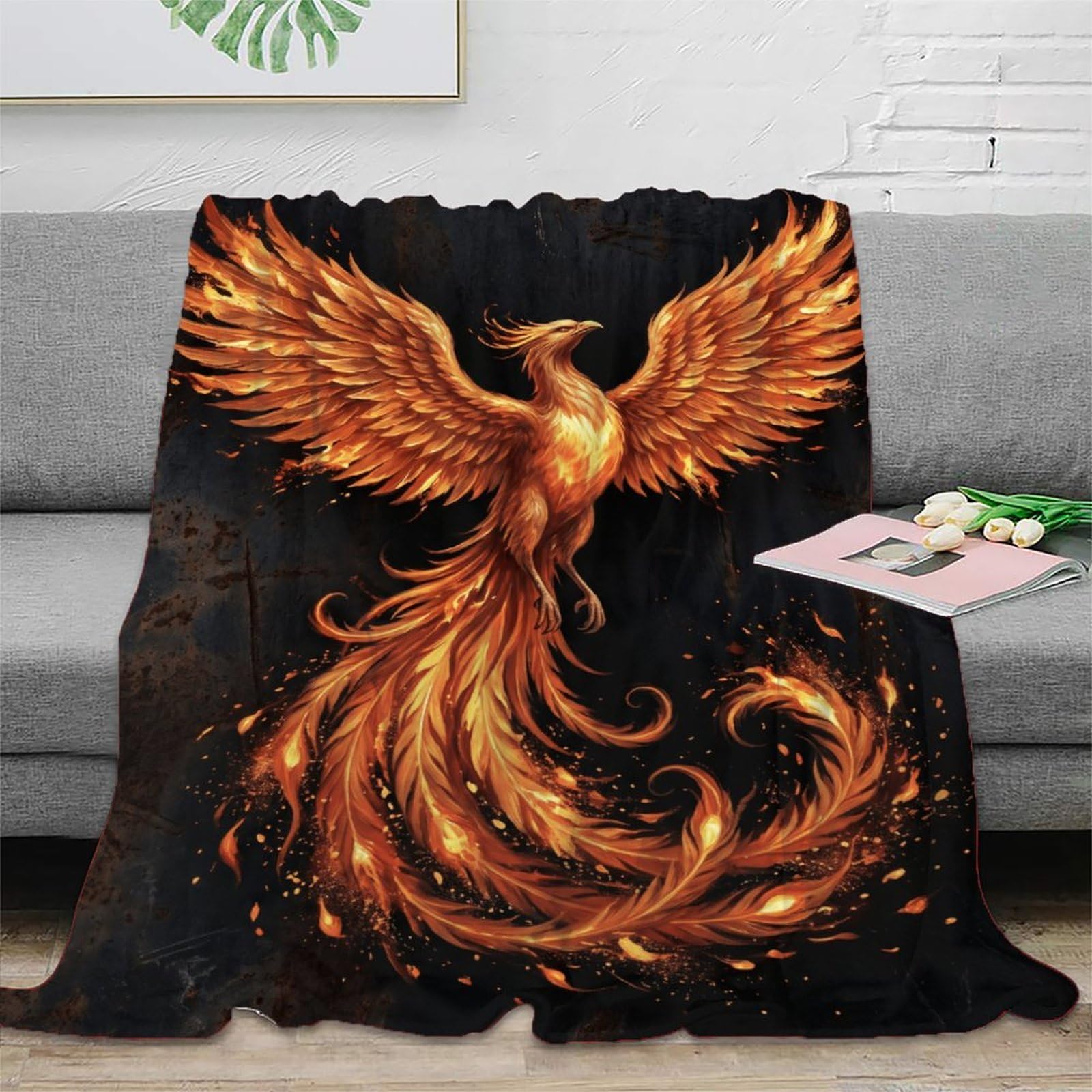 H3B8U2Y5 Rising Fire Phoenix Blanket, Flannel, Office, Textured Flame Style