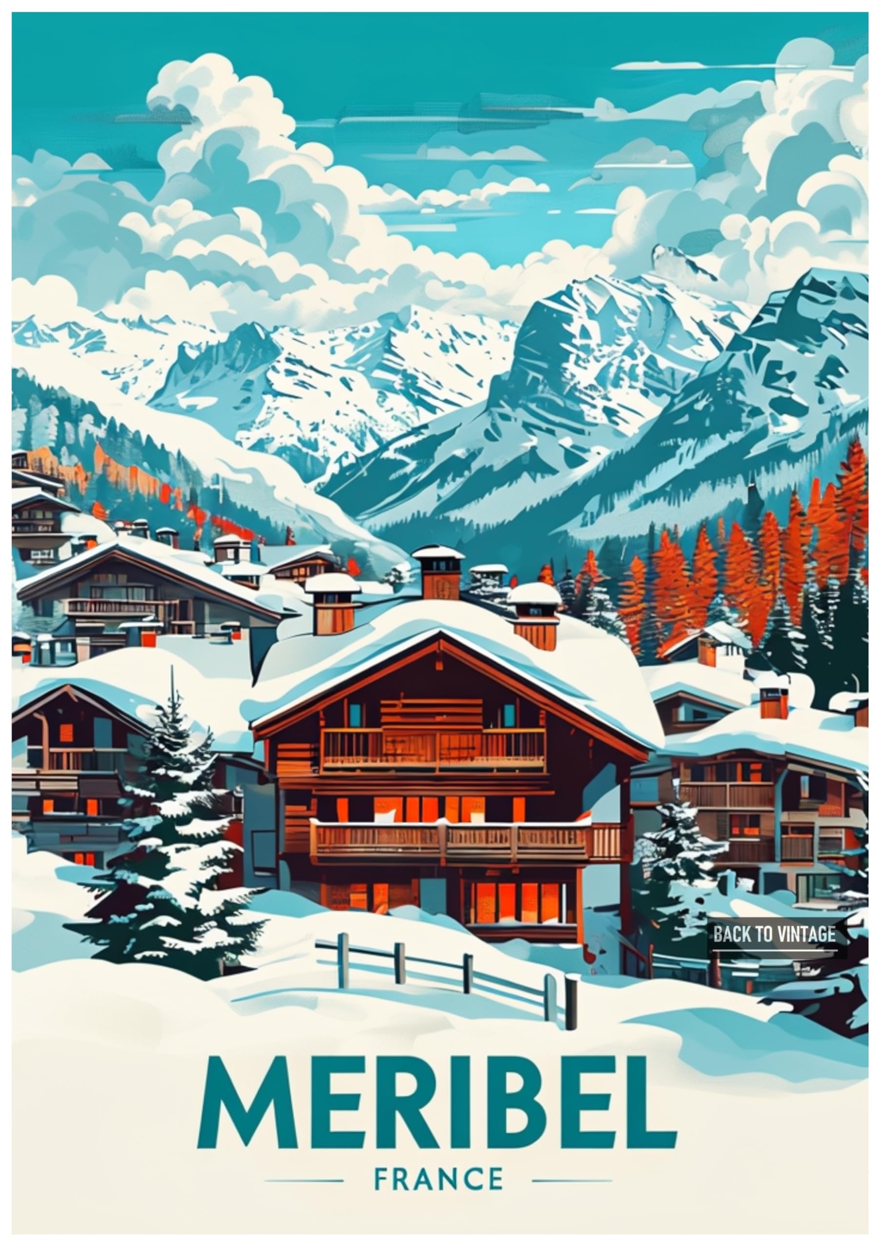 MERIBEL - Vintage Ski Resort Poster A4 Size Retro Winter Sports Wall Art Alpine Mountains Snow Landscape Home Decor for Ski Lovers