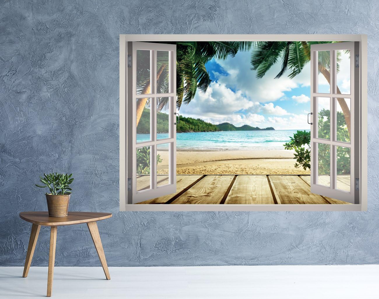 West Mountain Caribbean Beach Tropical View Window 3D Wall Decal Art Removable Wallpaper Mural Sticker Vinyl Home Decor W63 (Large (49''W x 35''H))