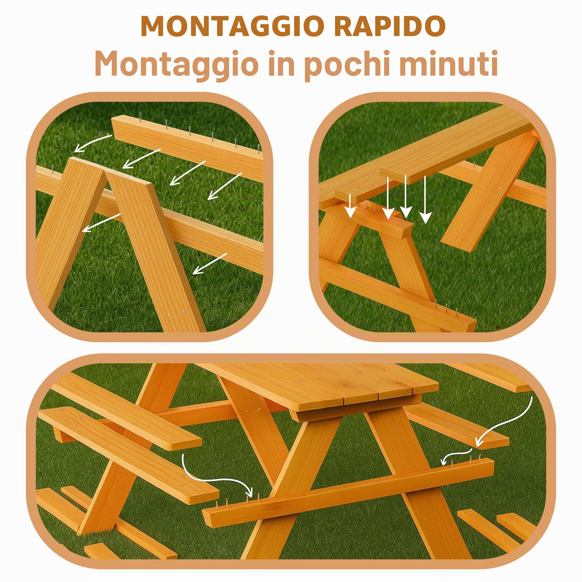 FableKids ARNE Set Tavolo da Picnic per 4 Bambini | Tavolo con panche in legno massello | Mobili da giardino 2–7 anni | Naturale, sicuro e durevole | 89×79×50 cm