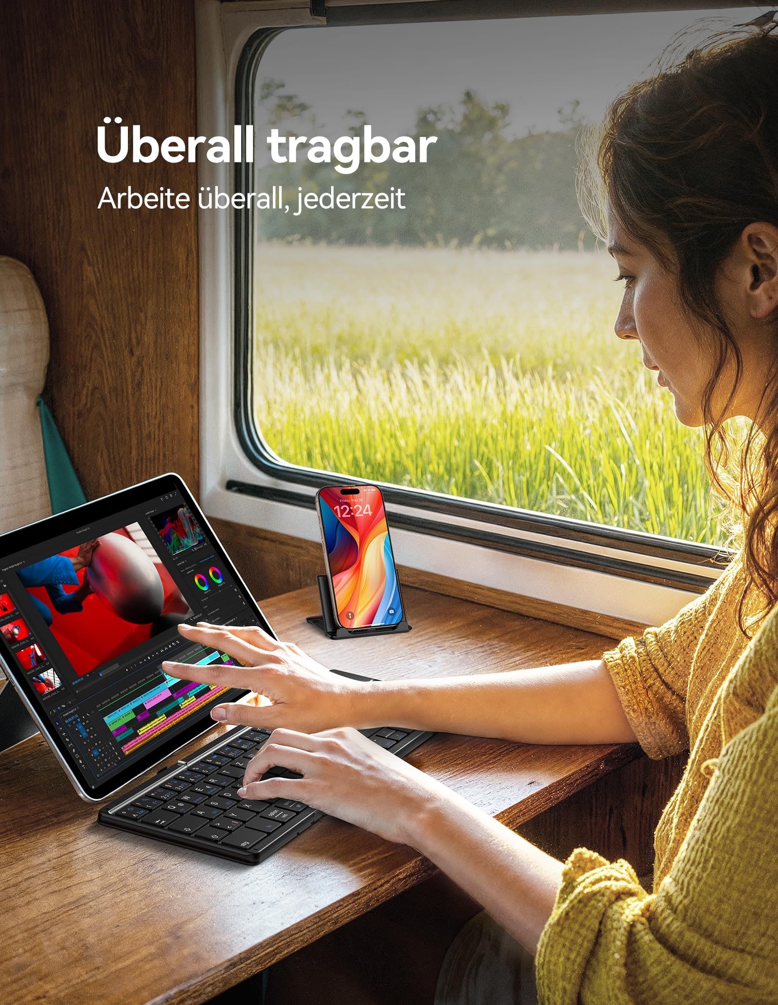 TECKNET Bluetooth Tastatur Faltbare mit Touchpad, QWERTZ Deutsch, Schwarz