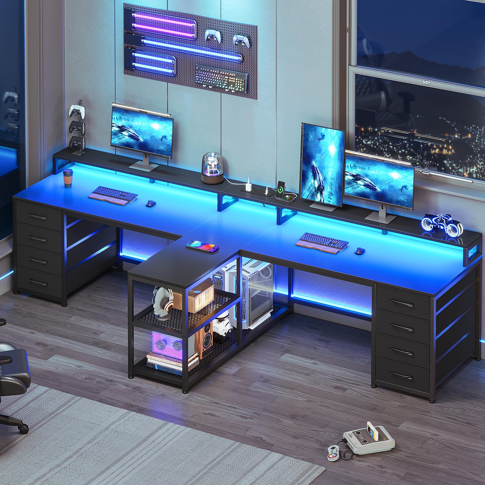 SEDETA 94.5" 2 Person Gaming Desk with 8 Drawers & Storage Shelves, Black