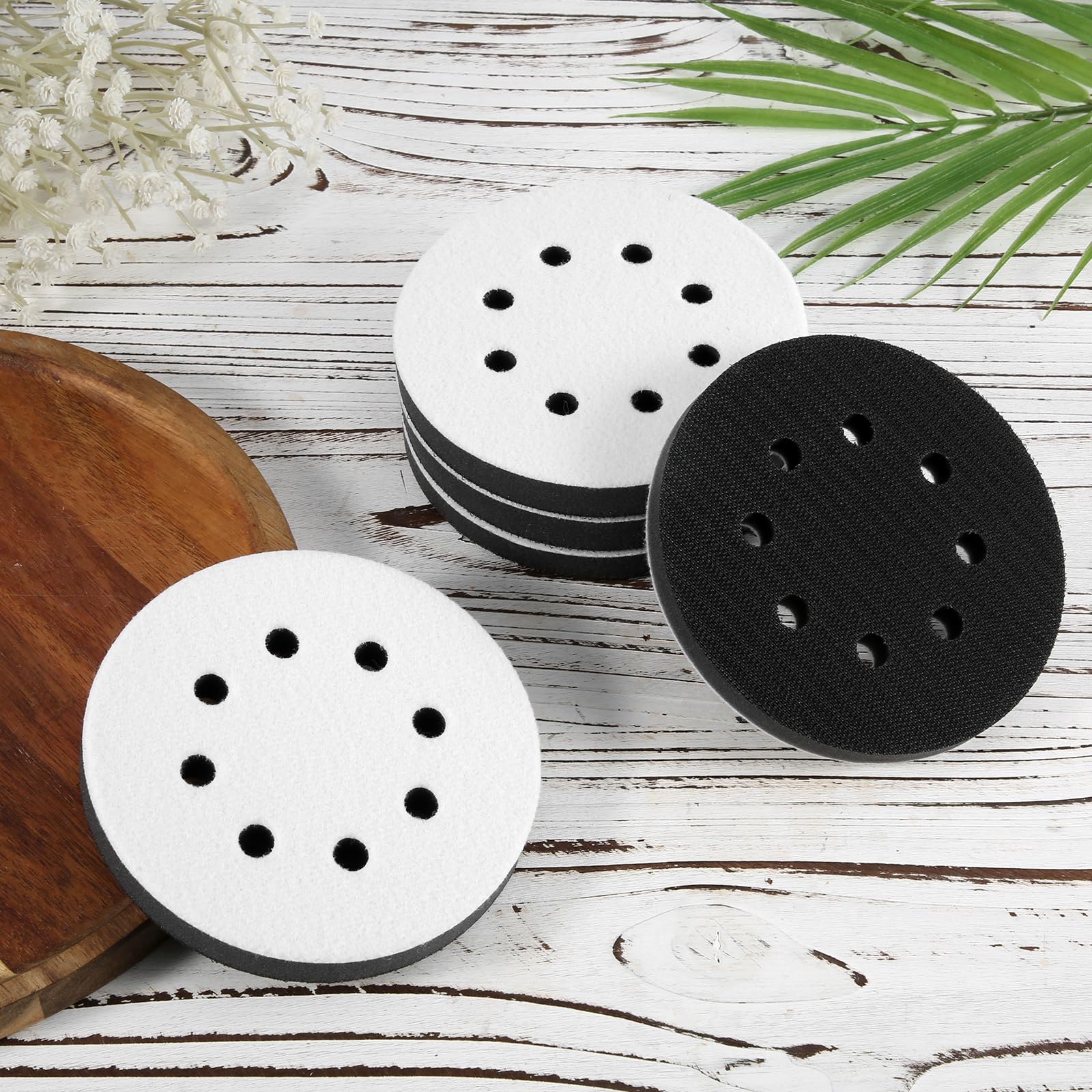 5 almohadillas for lijadora orbital, almohadillas de lijado de esponja de 8 agujeros con cara de gancho y bucle, almohadillas de interfaz de densidad suave for lijado de espuma blanca y negra for lija
