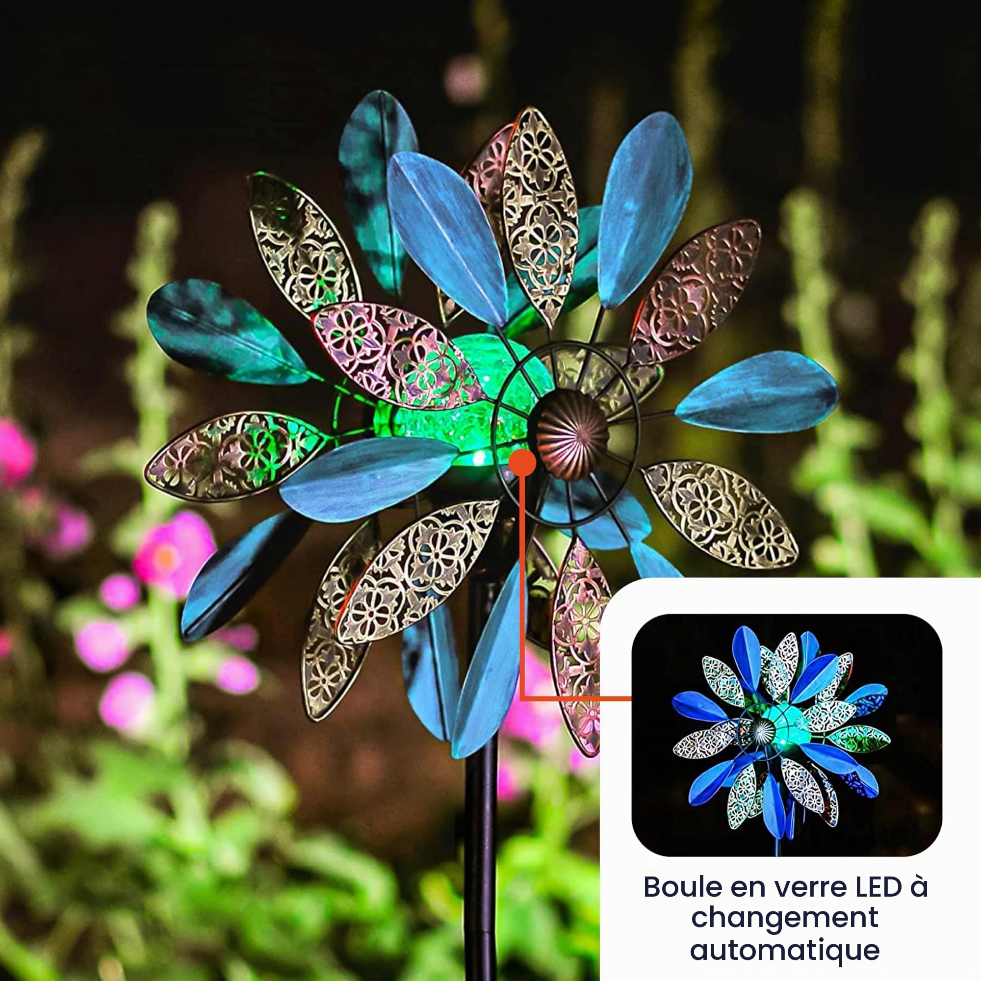 Arabesque Éolienne Solaire Multicolore 190,5 cm avec Boule en Verre à énergie Solaire avec éolienne cinétique Double Sens pour terrasse, pelouse et Jardin.