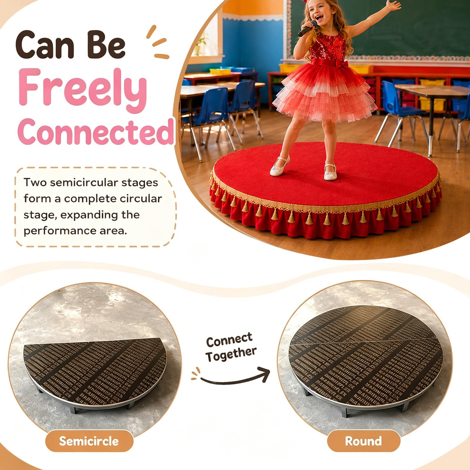 Palcoscenico portatile semicircolare/rotondo, piccolo palco con gonna, elevata capacità di carico, mini palco per spettacoli corali, eventi scolastici e in classe(Gray B,120x60cm)
