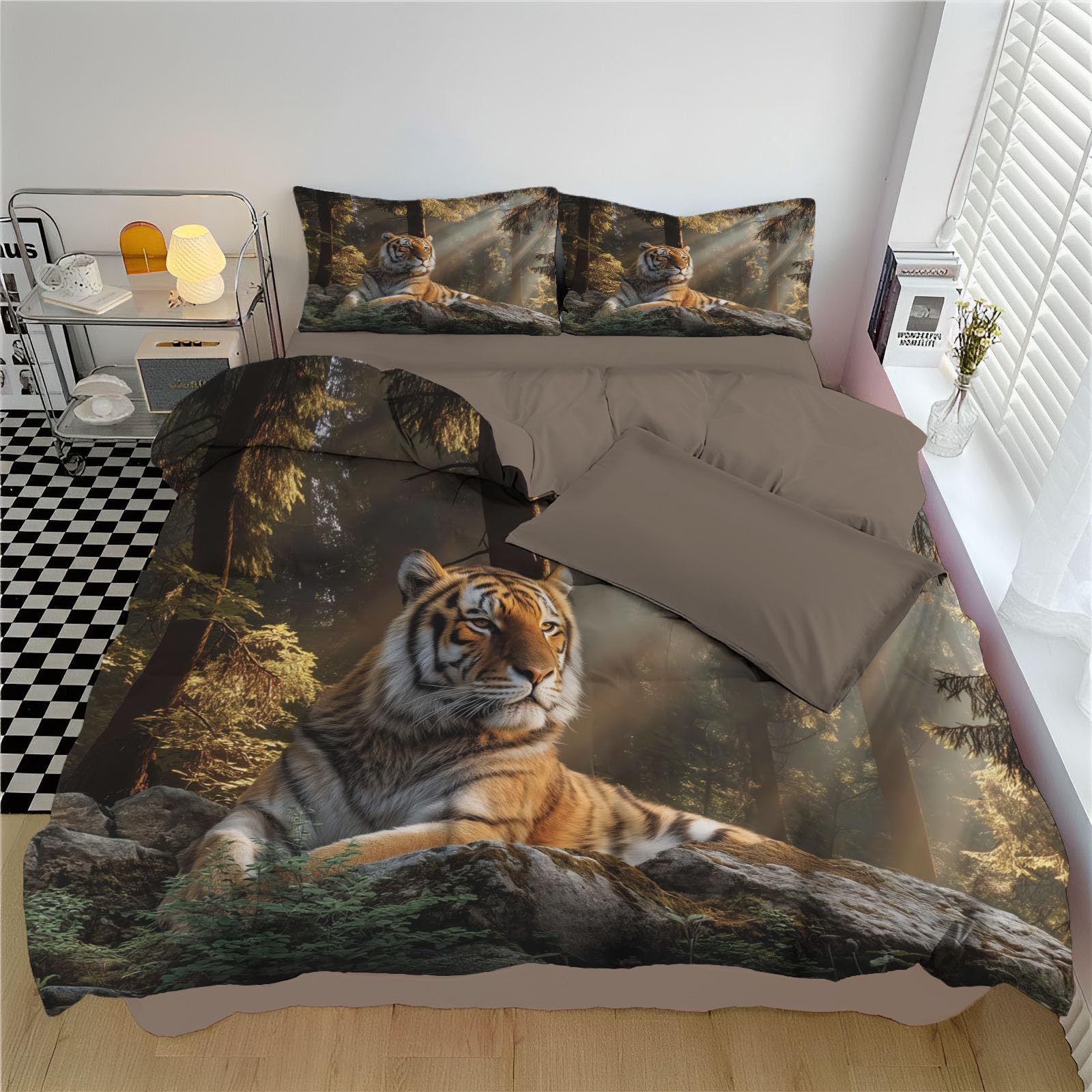 Housse de couette 240x260 tigre et 2 taies d'oreiller pour lit deux personnes